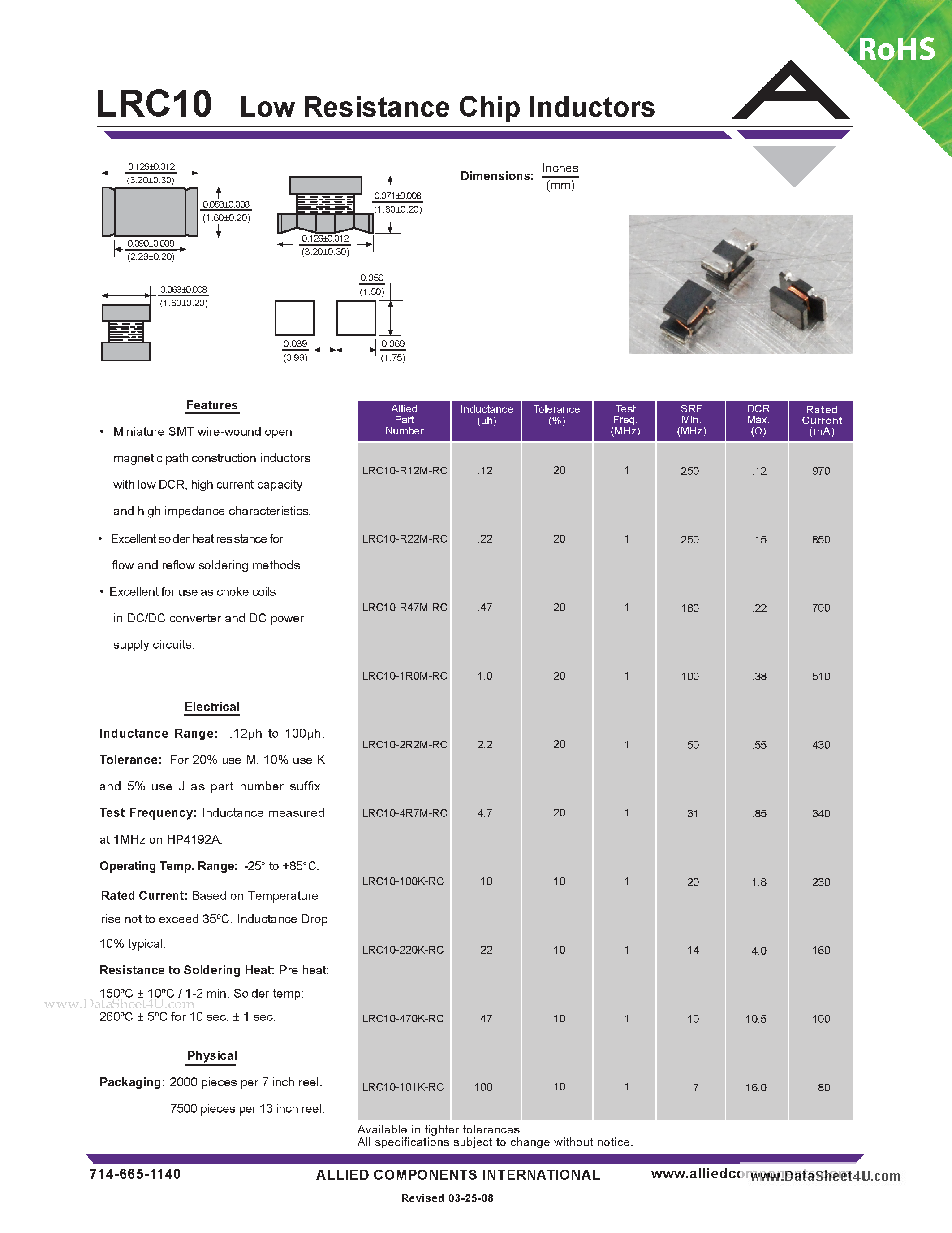 Datasheet LRC10 - Low Resistance Chip Inductors page 1