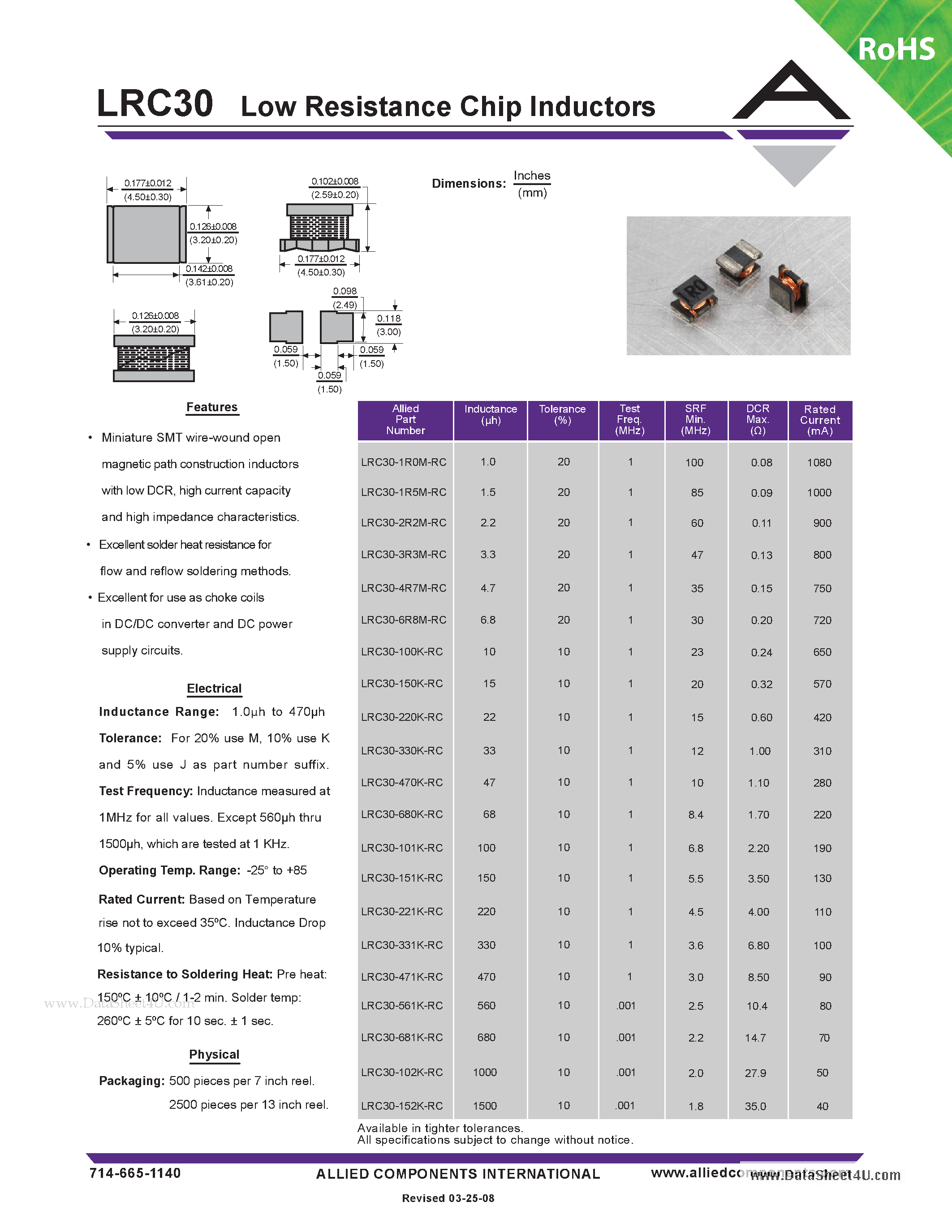 Datasheet LRC30 - Low Resistance Chip Inductors page 1