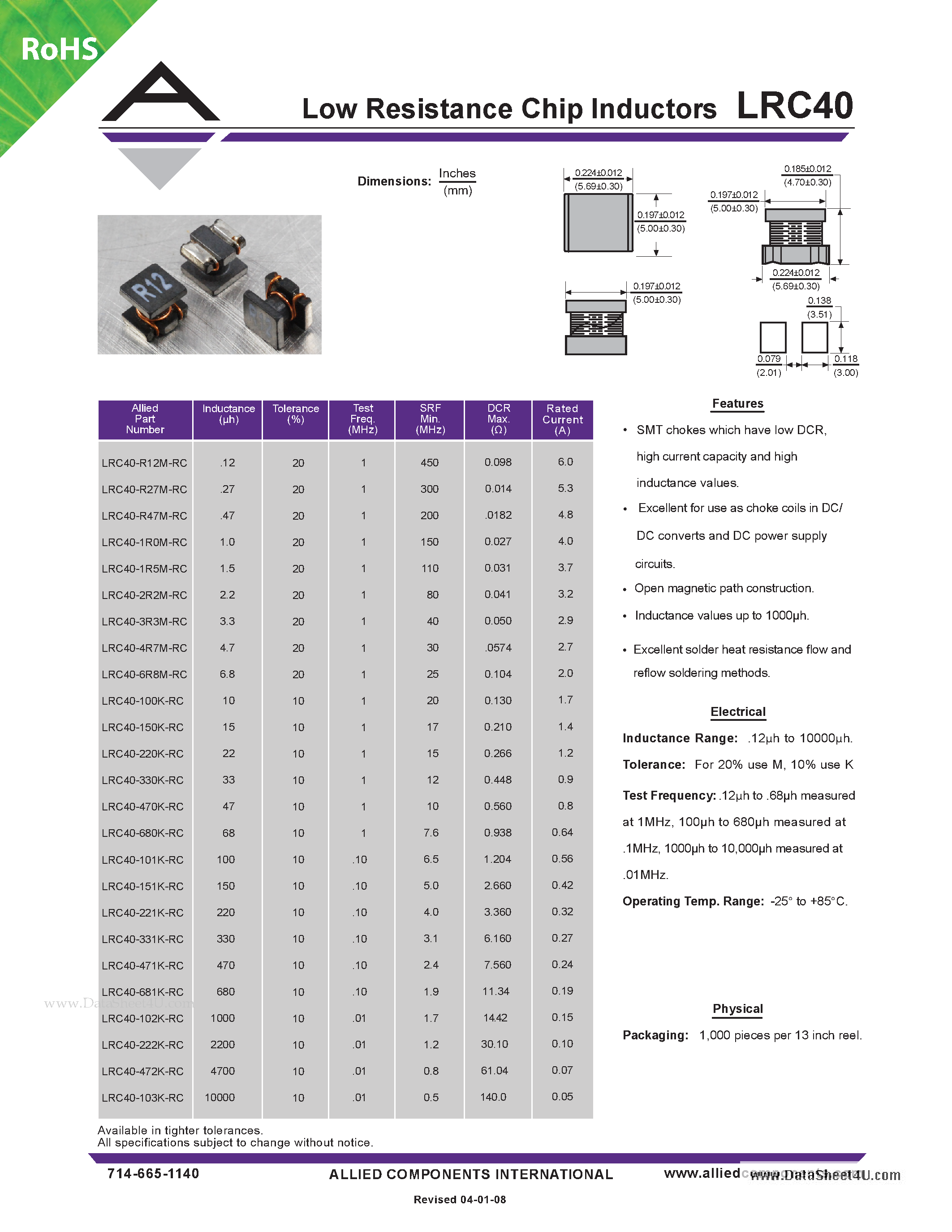 Datasheet LRC40 - Low Resistance Chip Inductors page 1