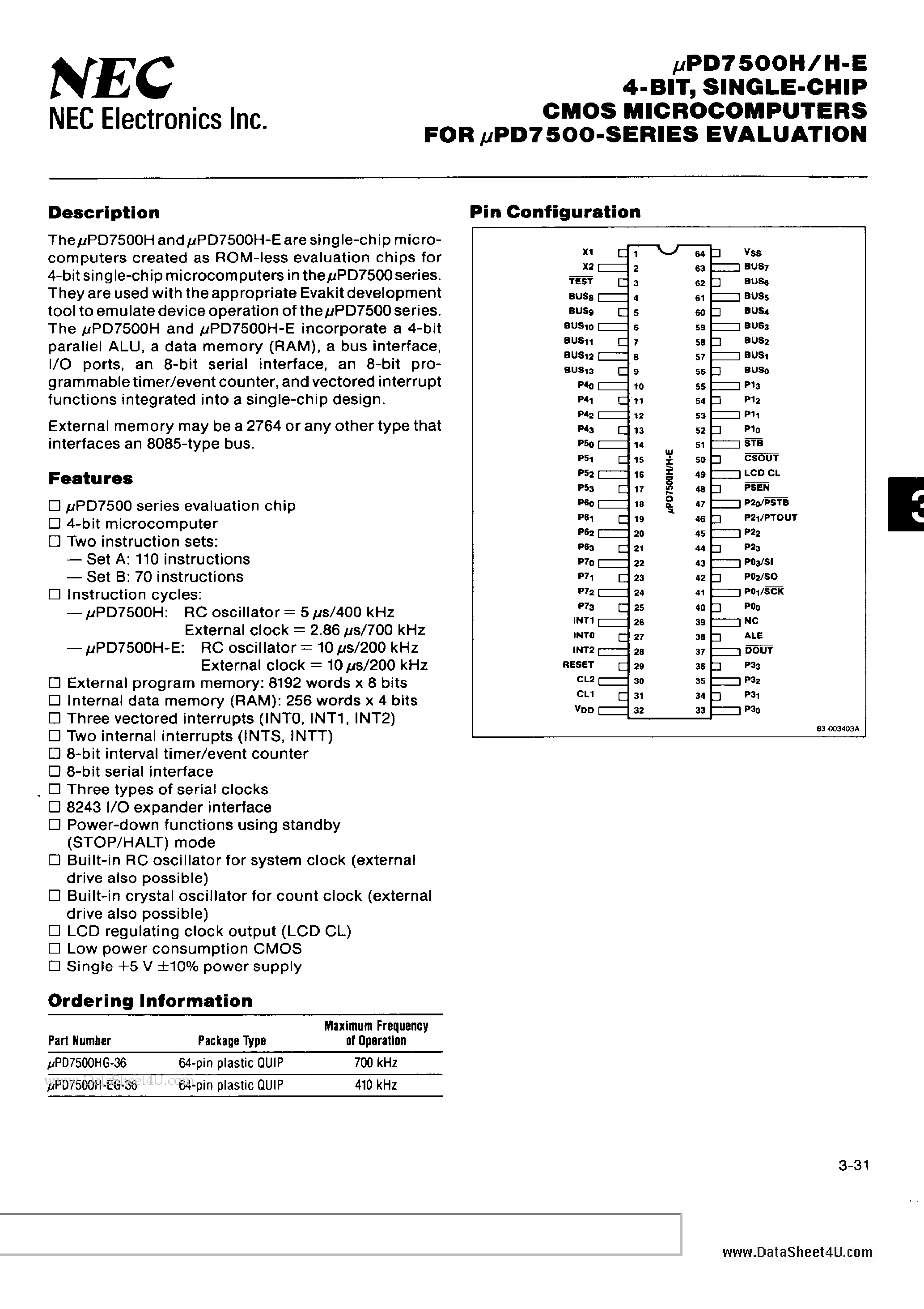 Datasheet UPD7500H - SINGLE-CHIP CMOS MICROCOMPUTERS page 1