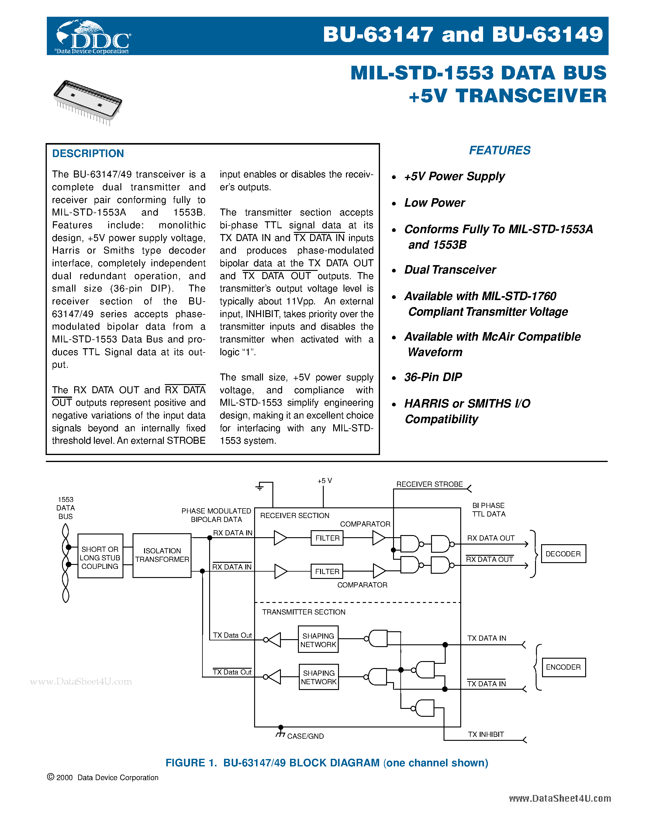 Даташит BU-63147 - (BU-63147 / BU-63149) MIL-STD-1553 Data Bus +5V Transceiver страница 1