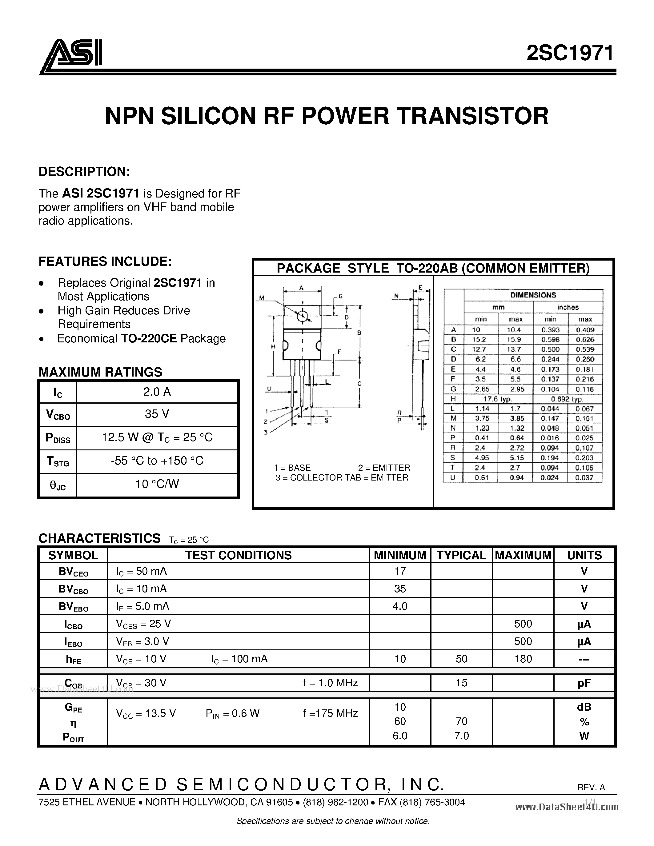 Datasheet 2SC1971 - NPN SILICON RF POWER TRANSISTOR page 1