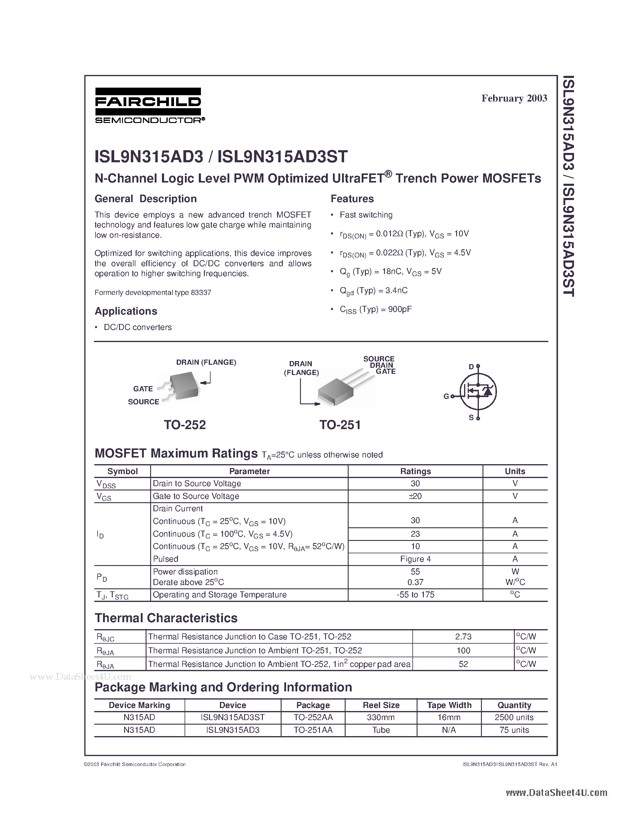 Datasheet ISL9N315AD3 - N-Channel Logic Level PWM Optimized UltraFET Trench Power MOSFETs page 1