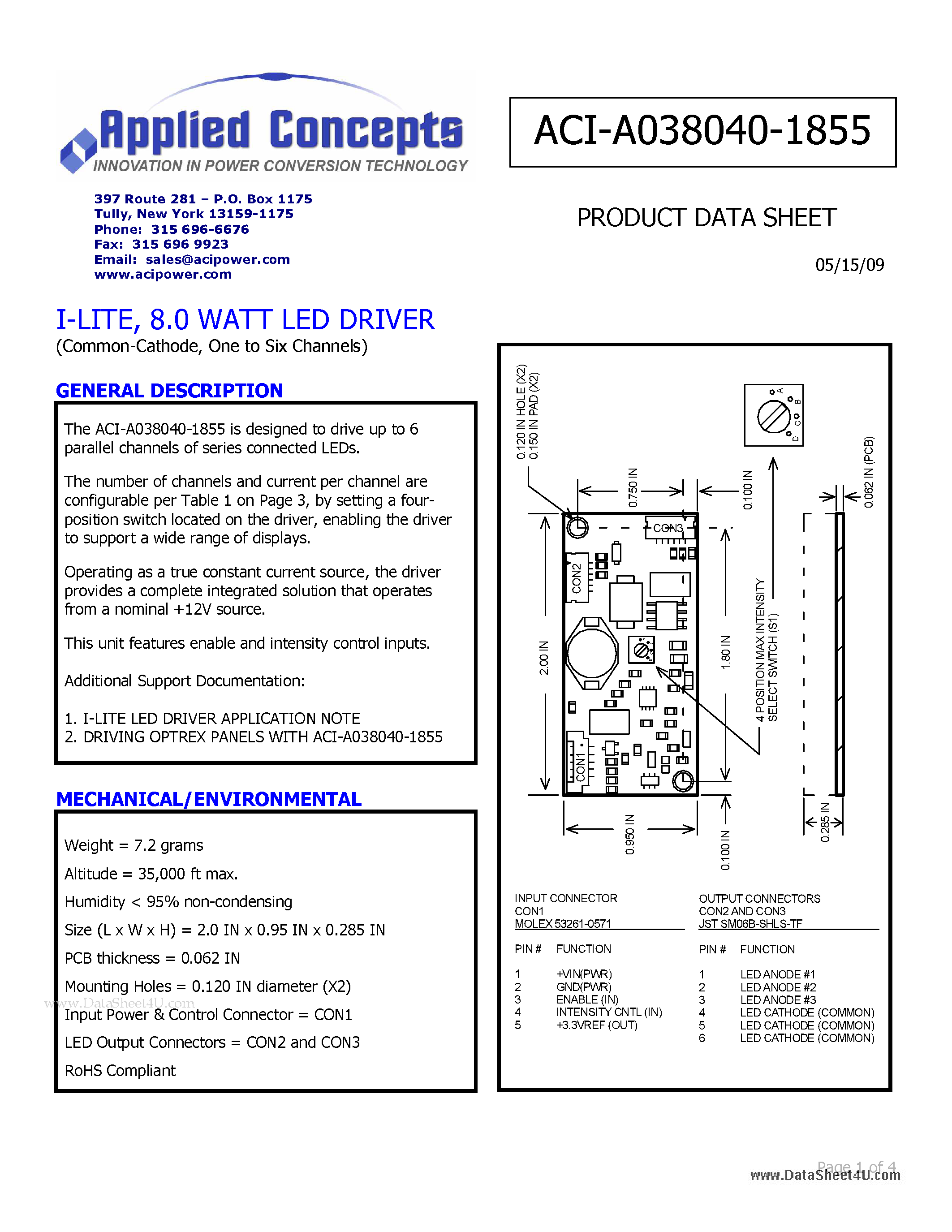 Datasheet ACI-A038040-1855 - I-LITE 8.0 WATT LED DRIVER page 1