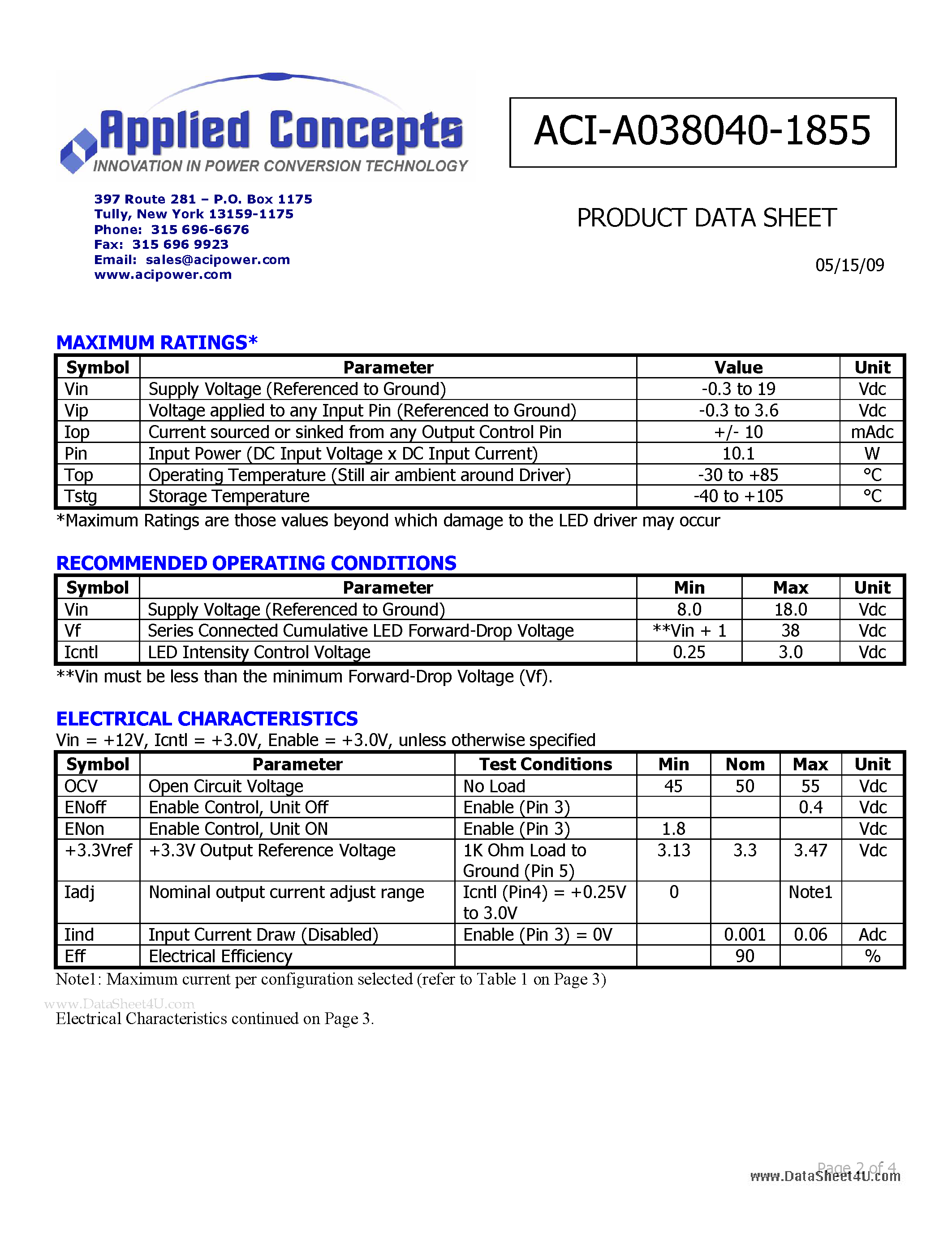 Datasheet ACI-A038040-1855 - I-LITE 8.0 WATT LED DRIVER page 2