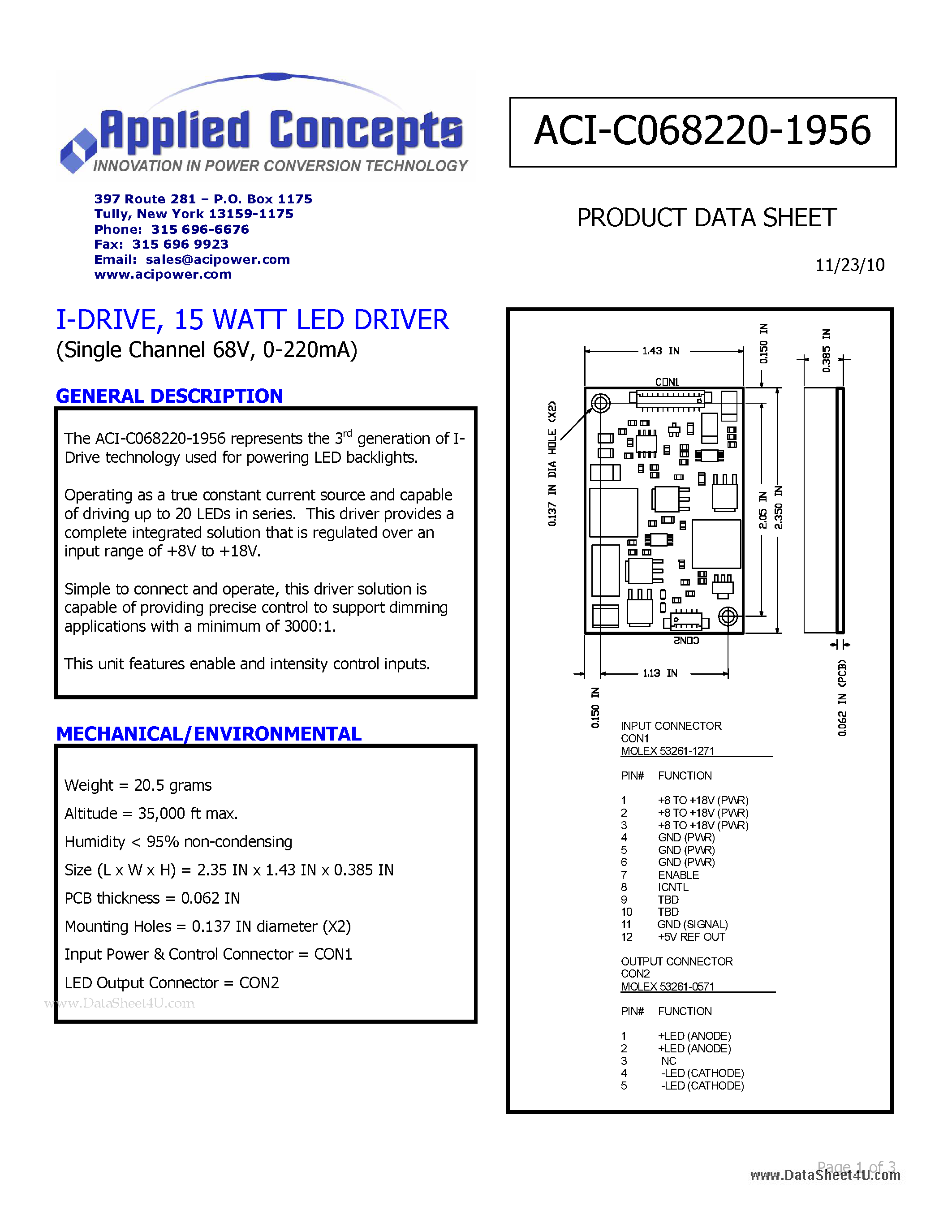 Datasheet ACI-C068220-1956 - I-DRIVE 15 WATT LED DRIVER page 1