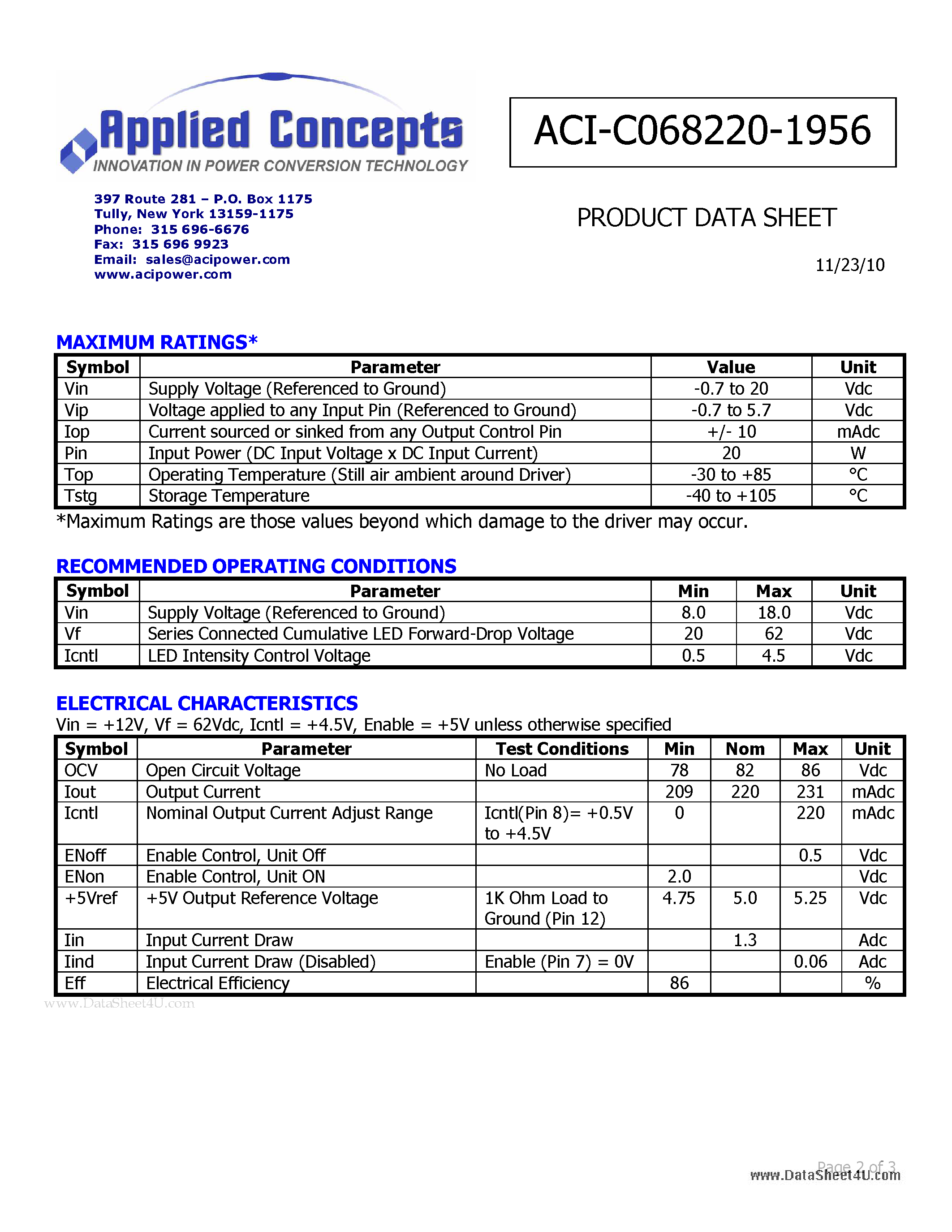 Datasheet ACI-C068220-1956 - I-DRIVE 15 WATT LED DRIVER page 2