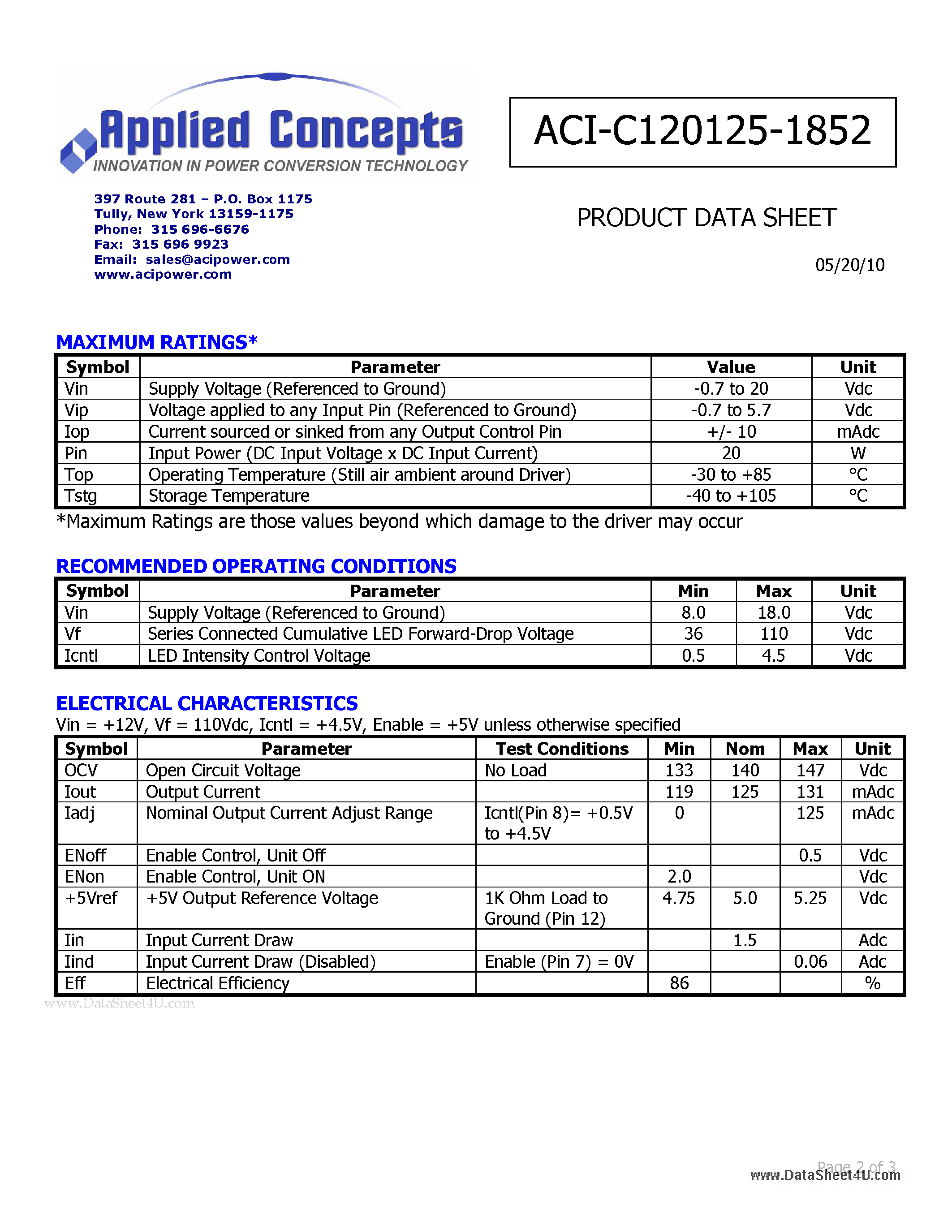 Datasheet ACI-C120125-1852 - I-DRIVE 15 WATT LED DRIVER page 2