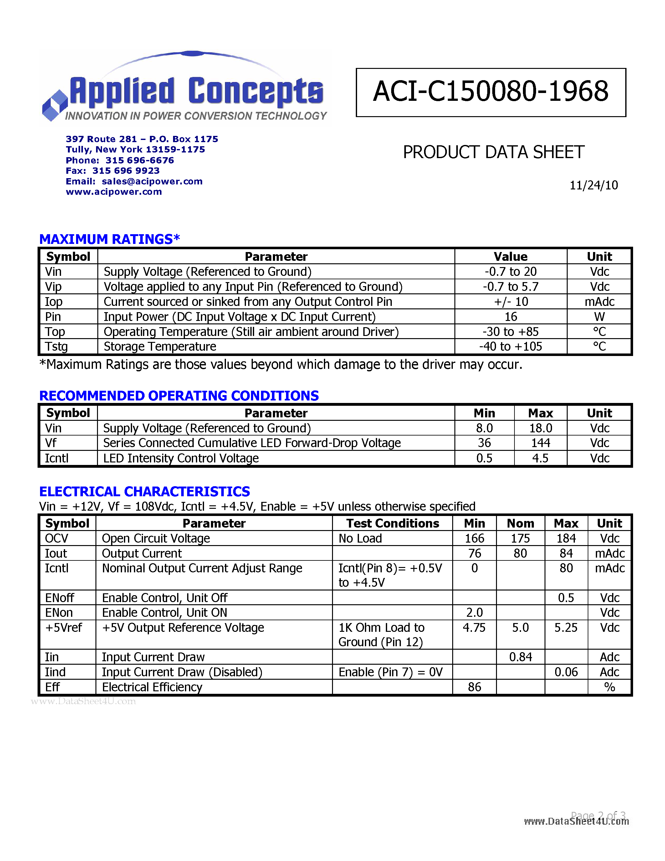 Datasheet ACI-C150080-1968 - I-DRIVE 12 WATT LED DRIVER page 2