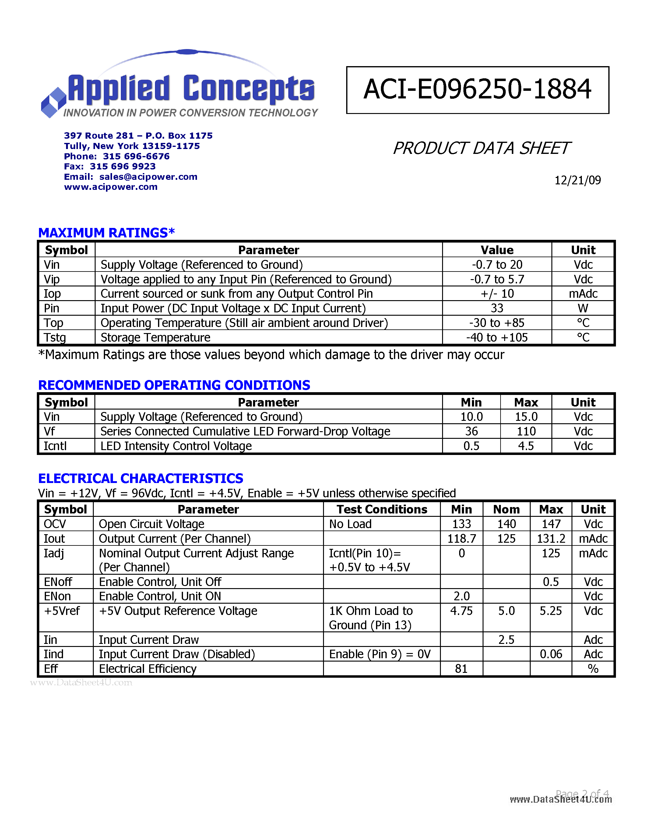 Datasheet ACI-E096250-1884 - I-DRIVE 24 WATT LED DRIVER page 2