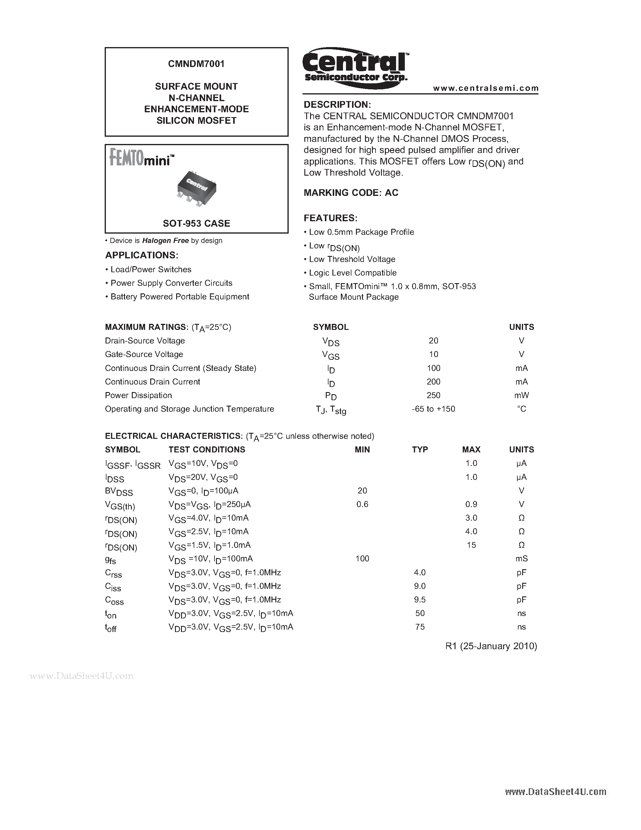 Даташит CMNDM7001 - SURFACE MOUNT N-CHANNEL ENHANCEMENT-MODE SILICON MOSFET страница 1