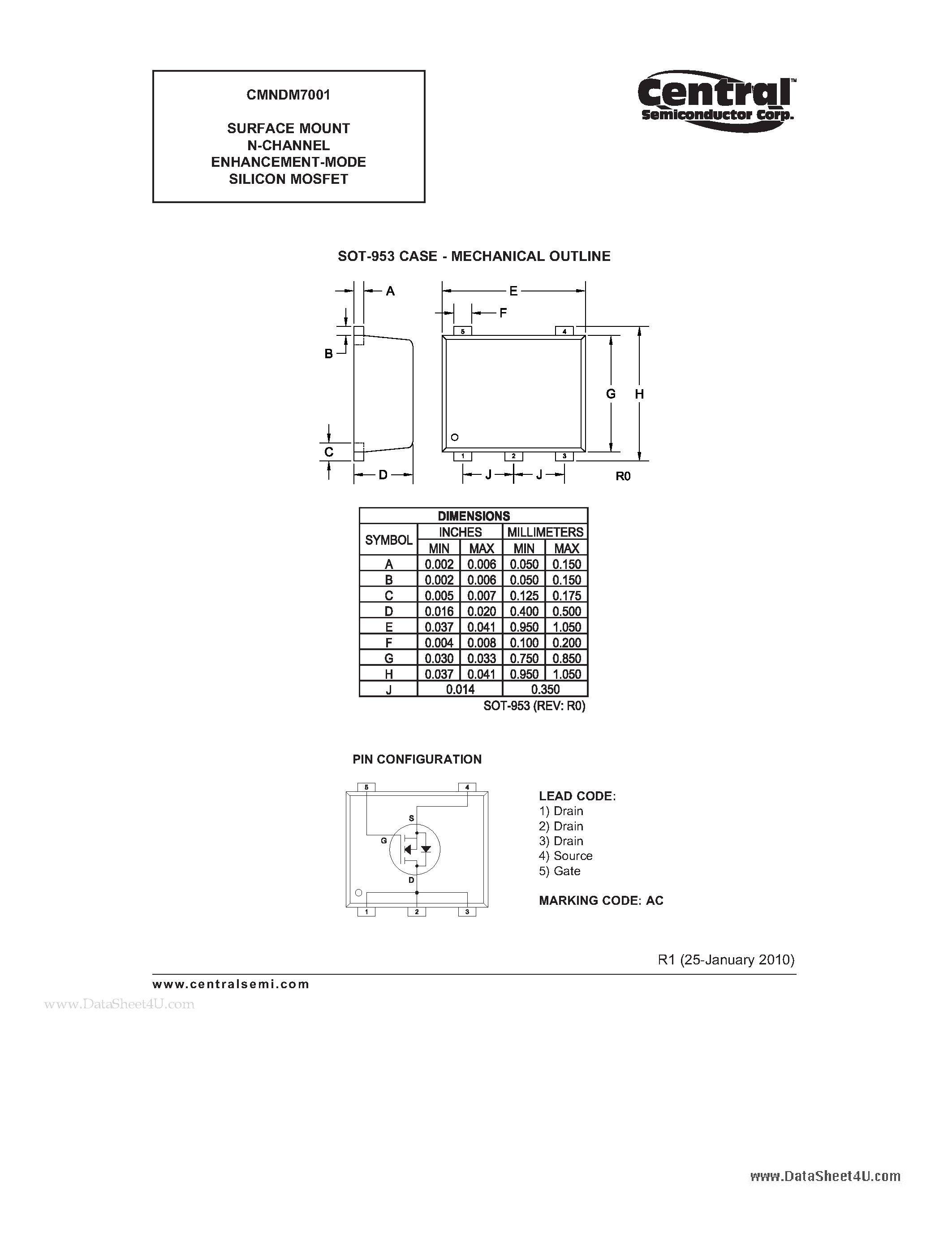 Даташит CMNDM7001 - SURFACE MOUNT N-CHANNEL ENHANCEMENT-MODE SILICON MOSFET страница 2