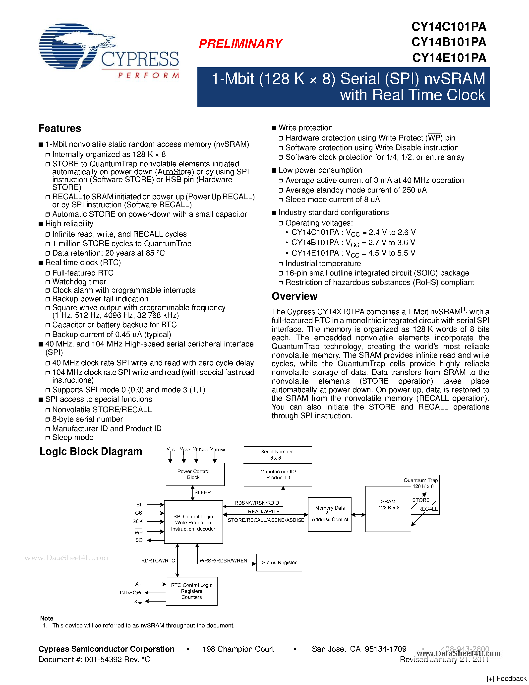 Даташит CY14B101PA - 1-Mbit (128 K X 8) Serial (SPI) nvSRAM страница 1