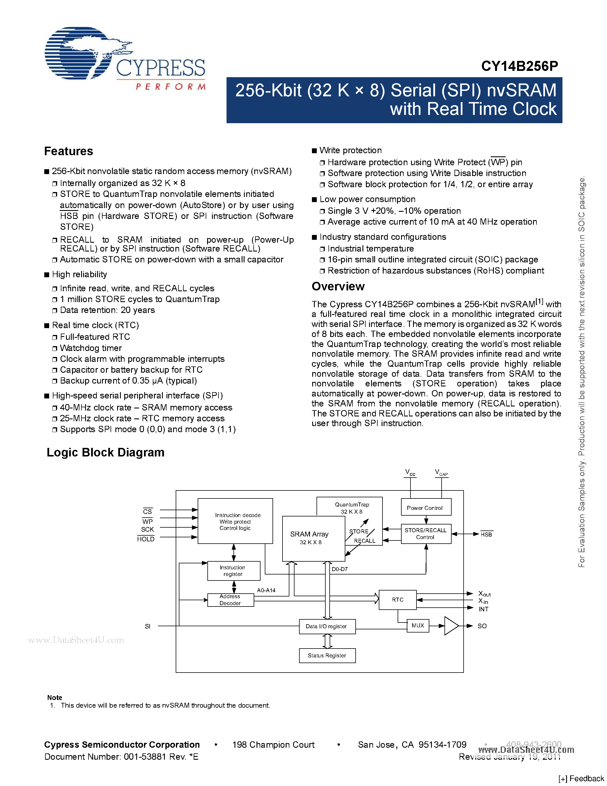 Даташит CY14B256P - 256-Kbit (32 K X 8) Serial (SPI) страница 1