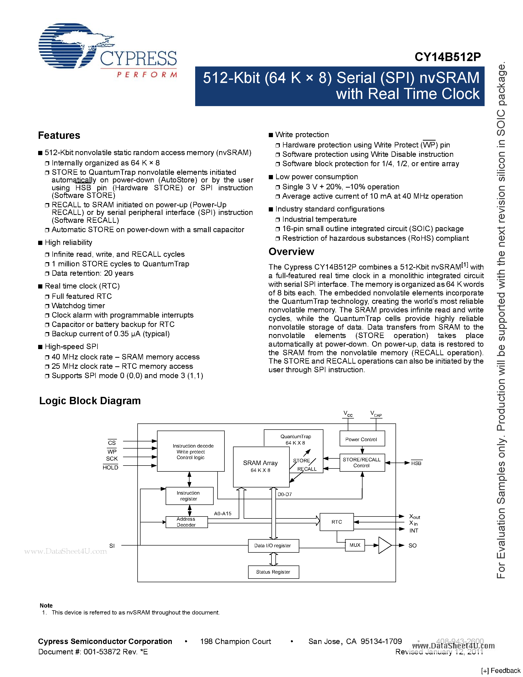 Даташит CY14B512P - 512-Kbit (64 K X 8) Serial (SPI) nvSRAM страница 1