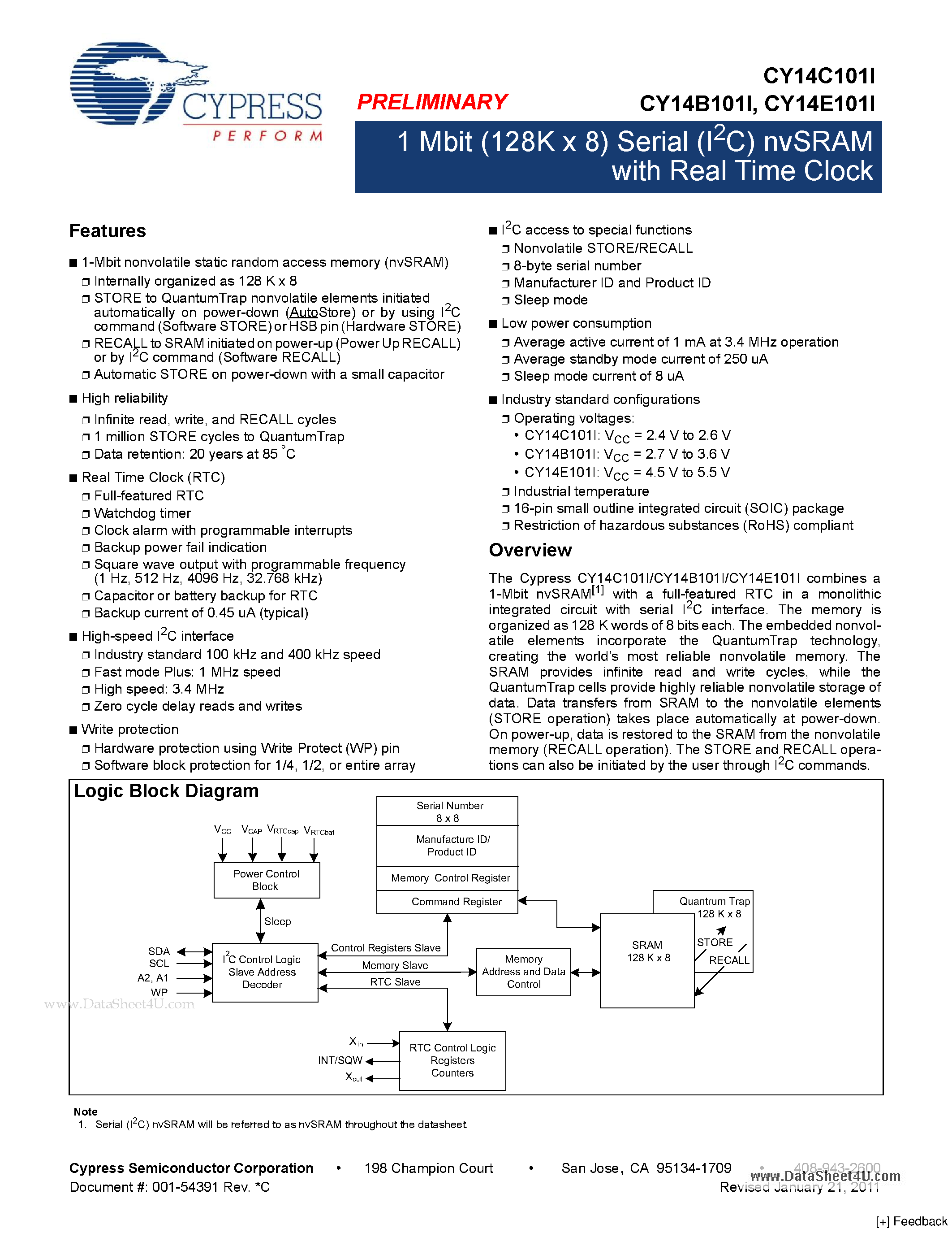Даташит CY14C101I - 1-Mbit (128 K X 8) Serial (I2C) nvSRAM страница 1
