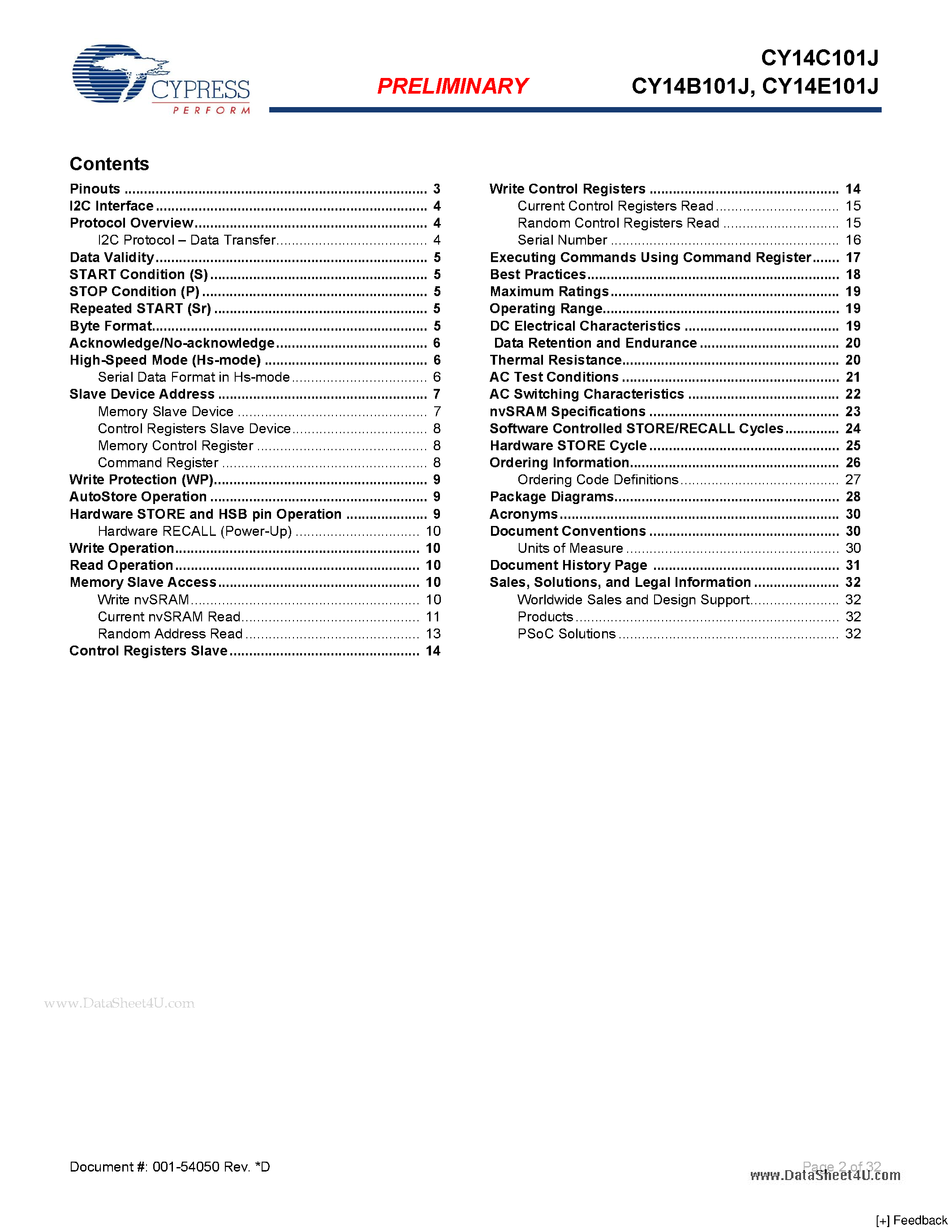 Даташит CY14B101J - 1-Mbit (128 K X 8) Serial (I2C) nvSRAM страница 2