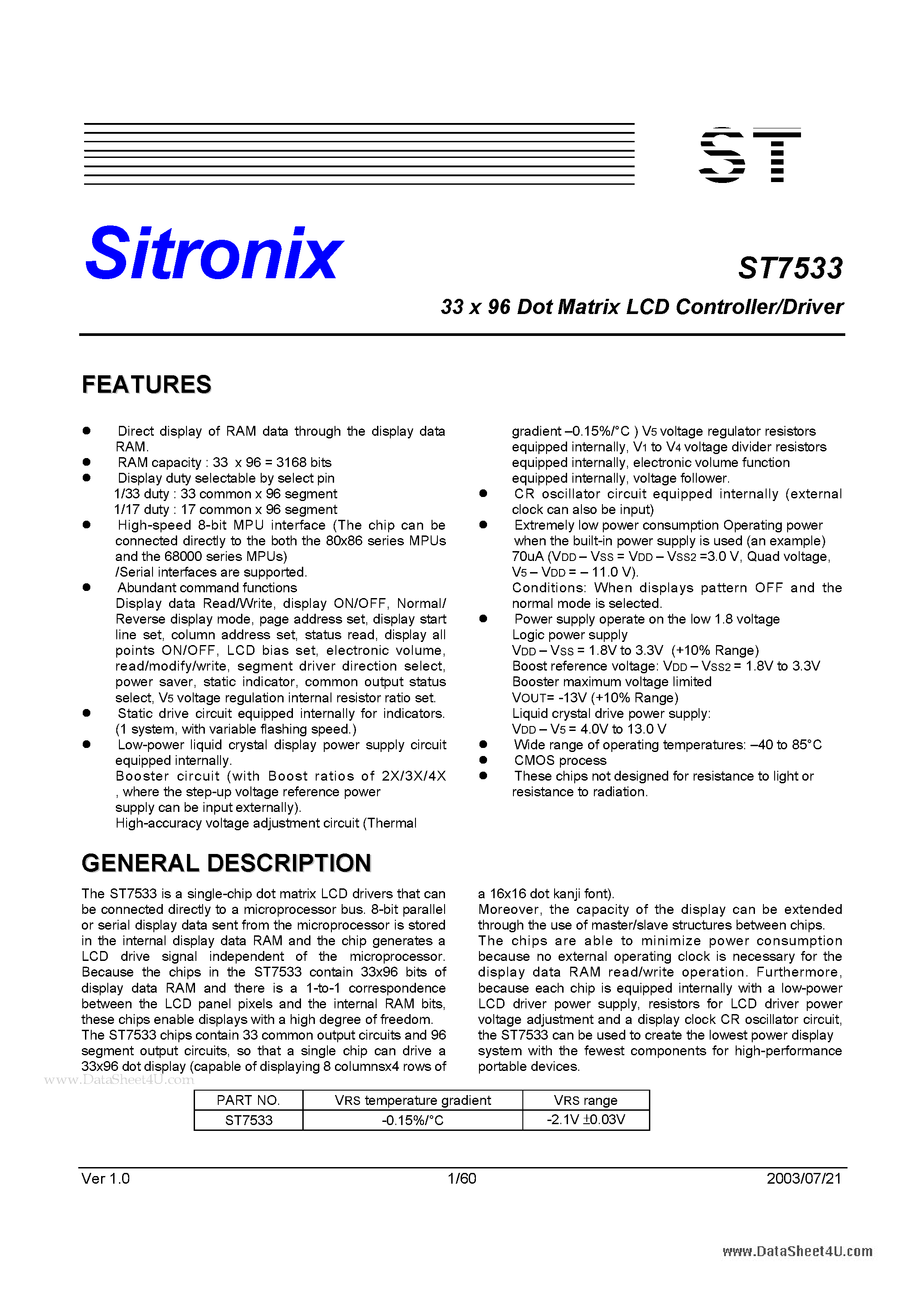 Даташит ST7533 - 33 x 96 Dot Matrix LCD Controller/Driver страница 1