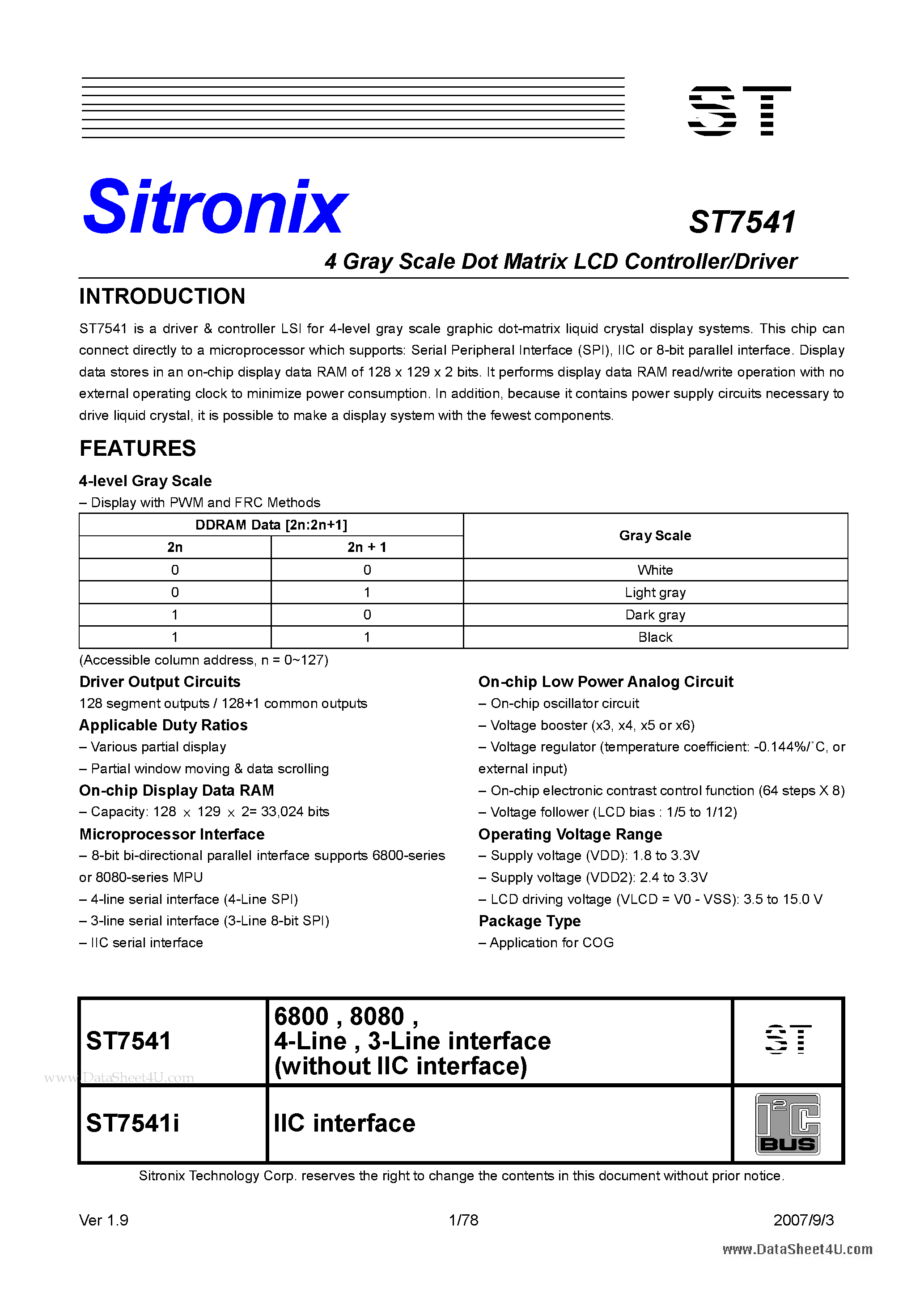 Даташит ST7541 - 4 Gray Scale Dot Matrix LCD Controller/Driver страница 1