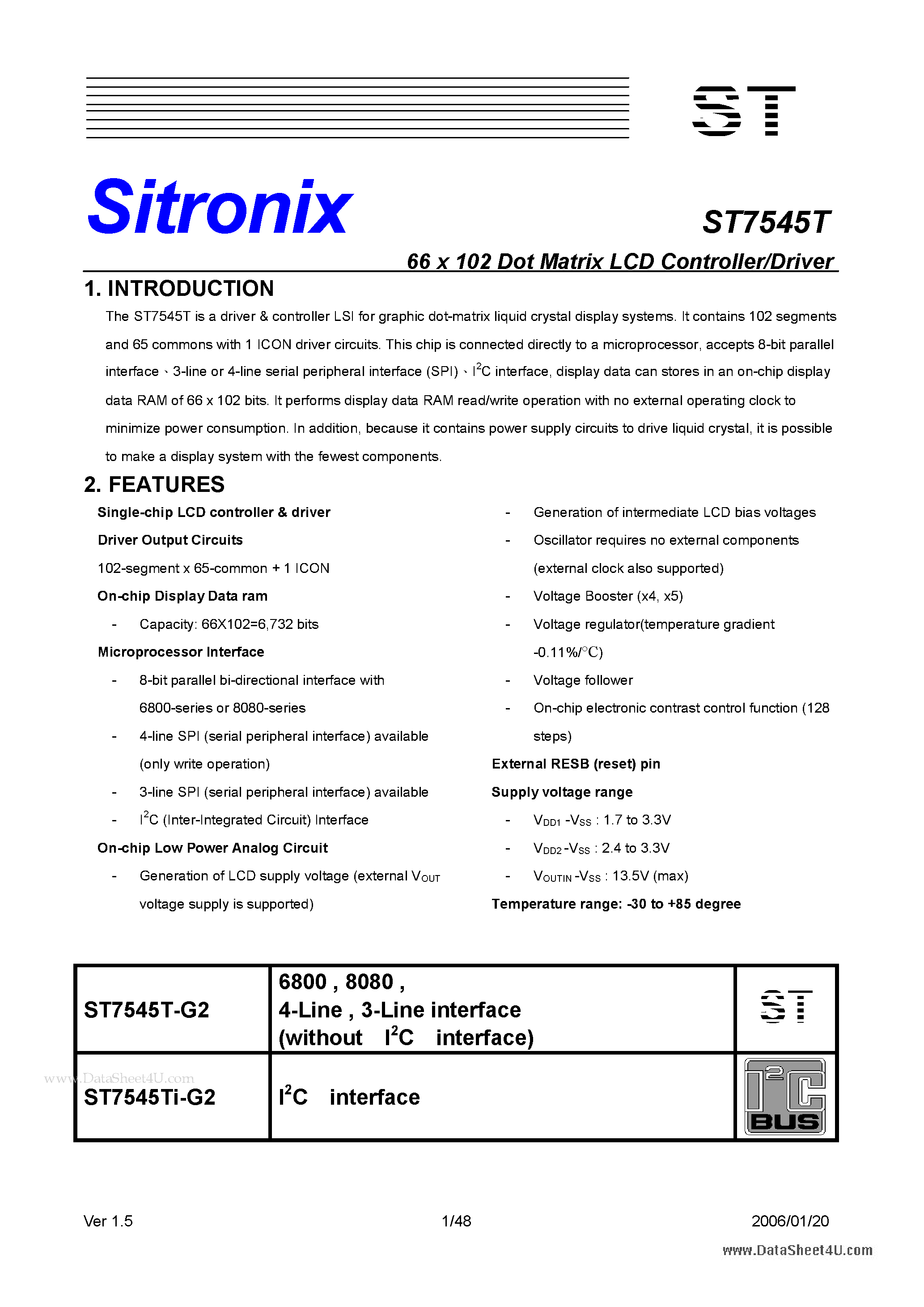 Даташит ST7545T - 66 x 102 Dot Matrix LCD Controller/Driver страница 1