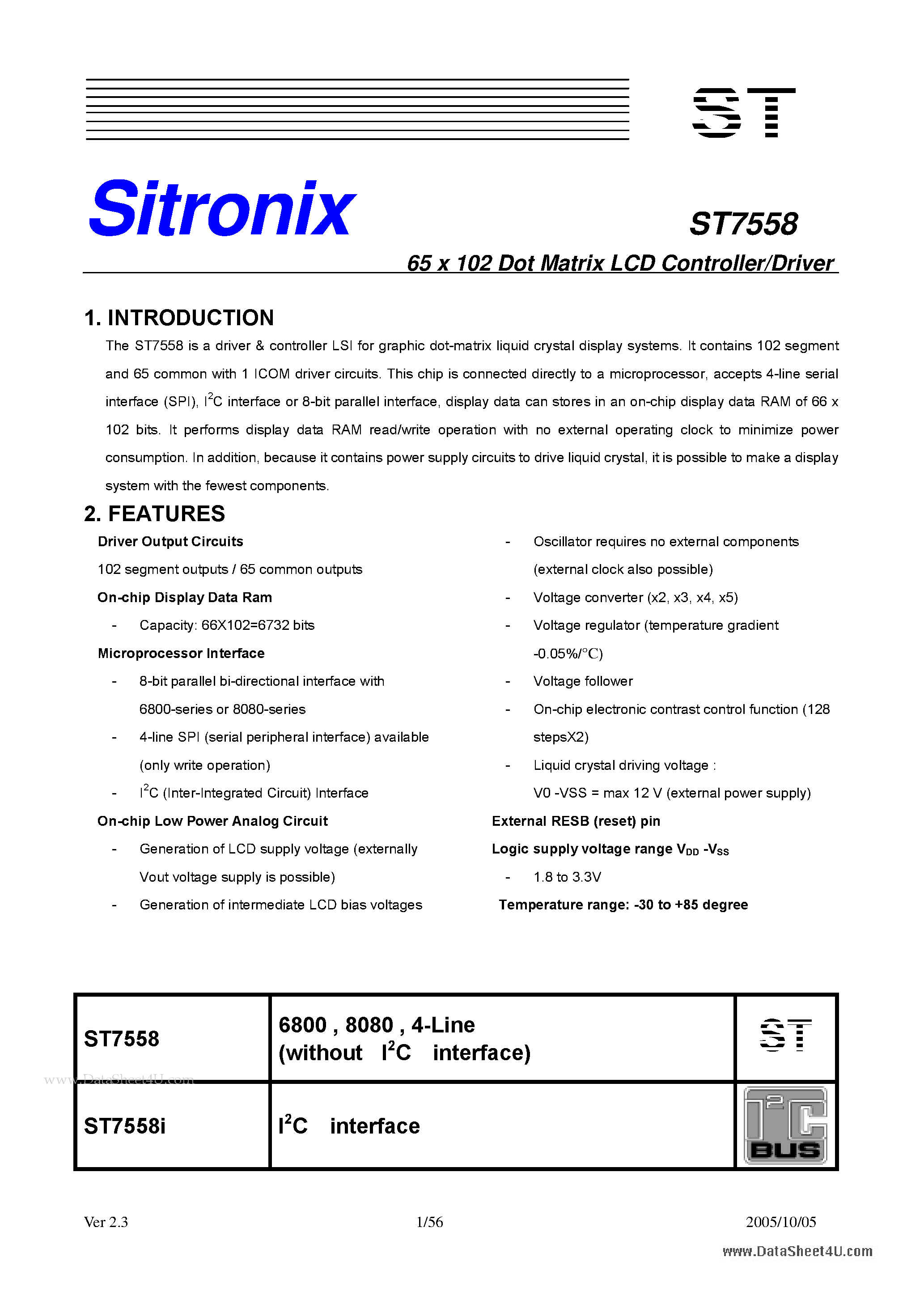 Даташит ST7558 - 65 x 102 Dot Matrix LCD Controller/Driver страница 1