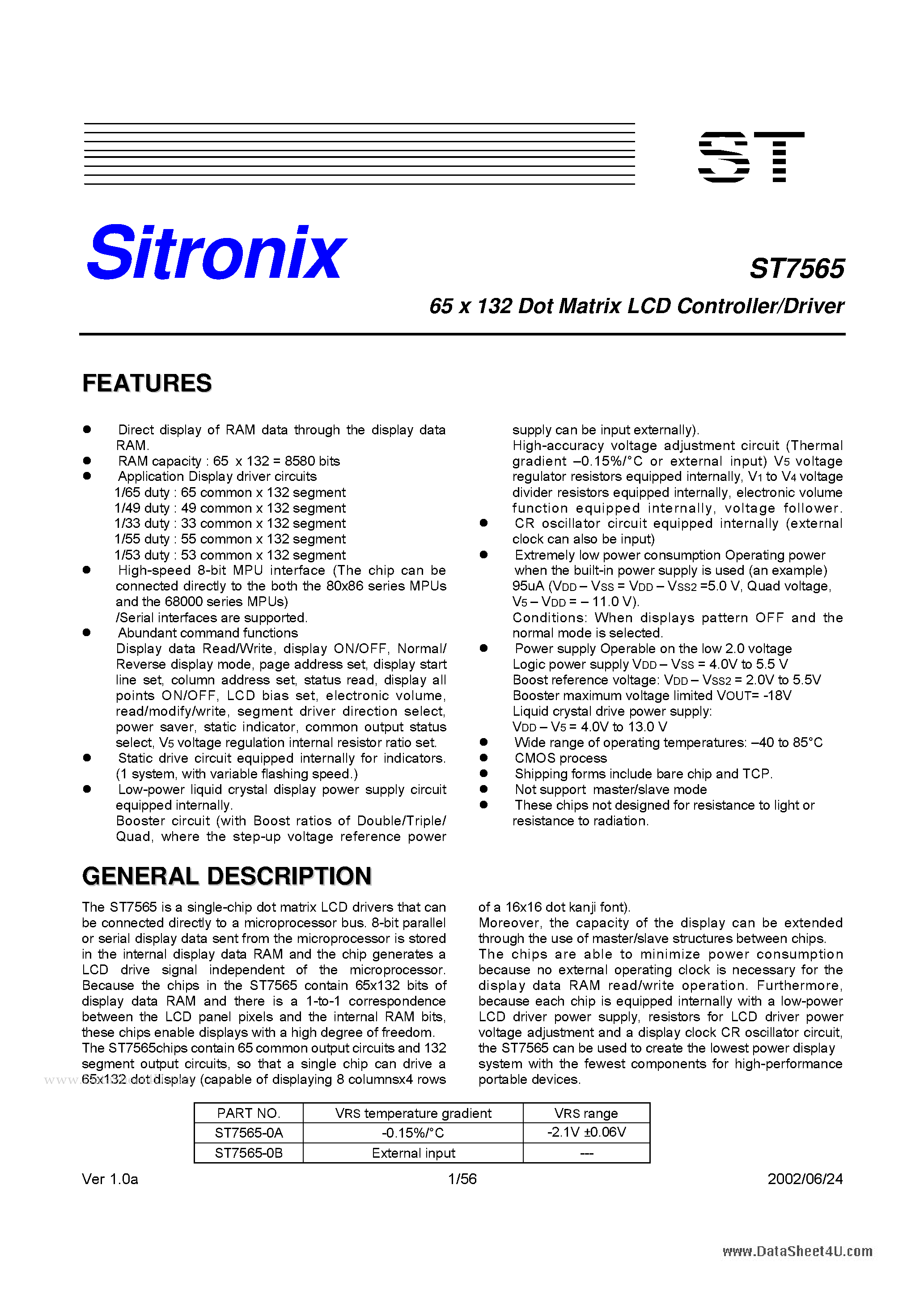 Даташит ST7565 - 65 x 132 Dot Matrix LCD Controller/Driver страница 1