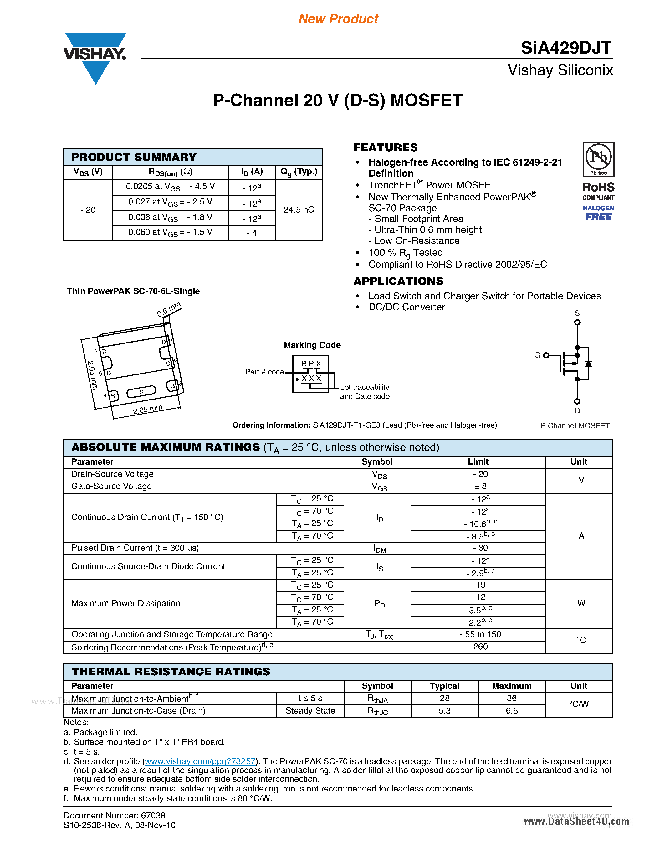 Даташит SIA429DJT - P-Channel 20 V (D-S) MOSFET страница 1