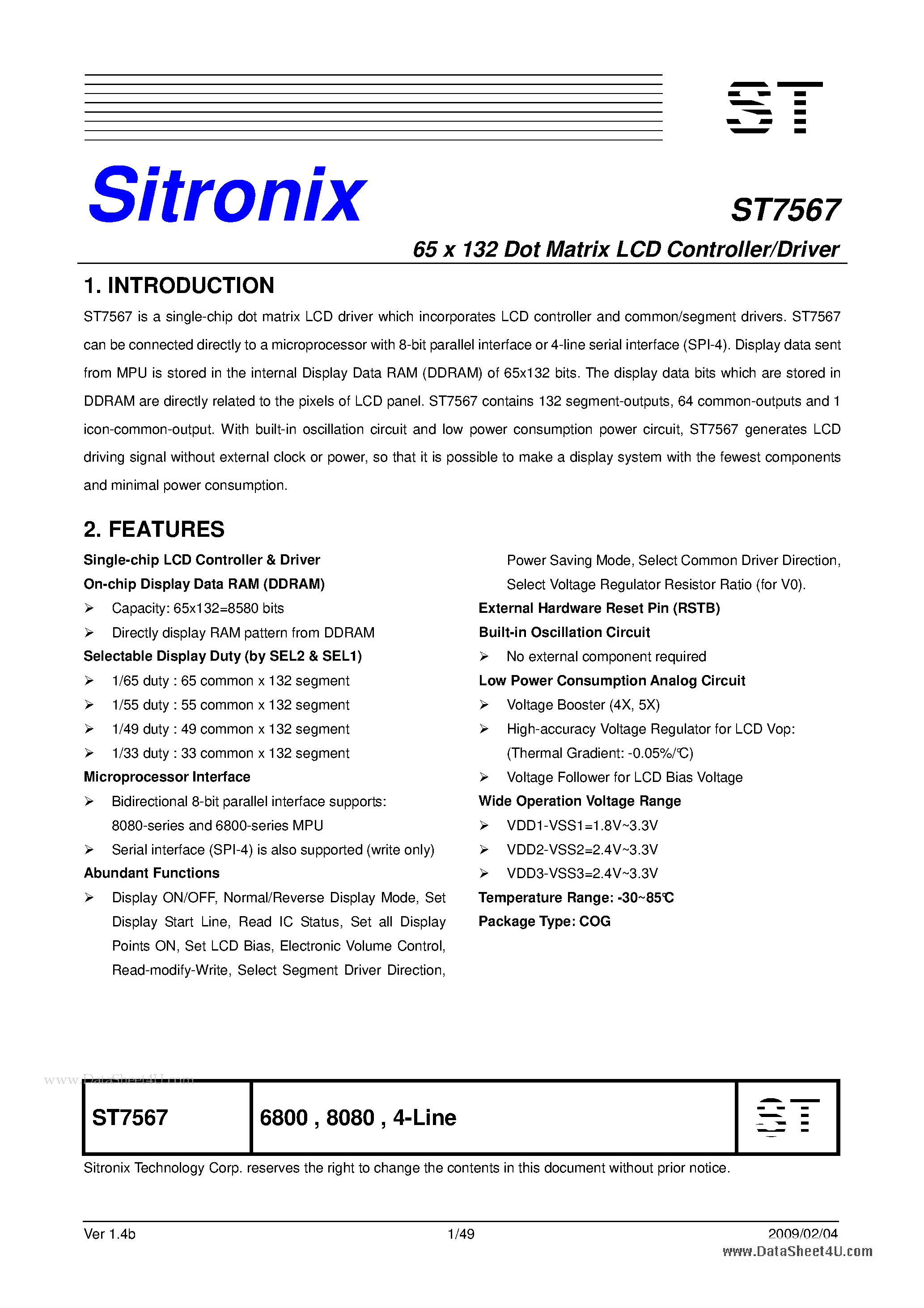 Даташит ST7567 - 65 x 132 Dot Matrix LCD Controller/Driver страница 1