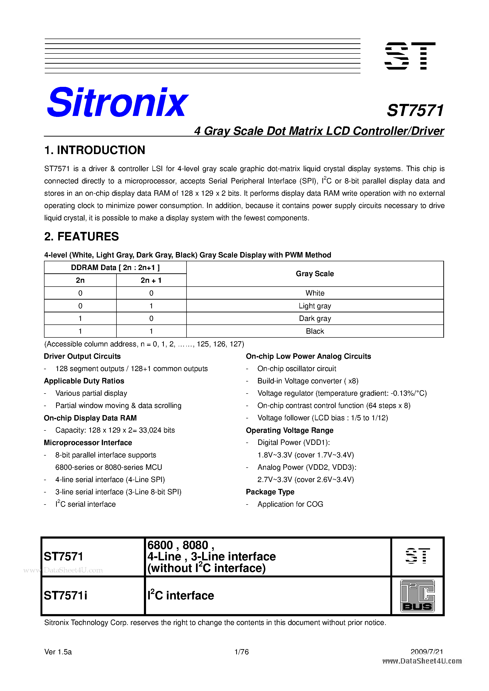 Datasheet ST7571 - 4 Gray Scale Dot Matrix LCD Controller/Driver page 1