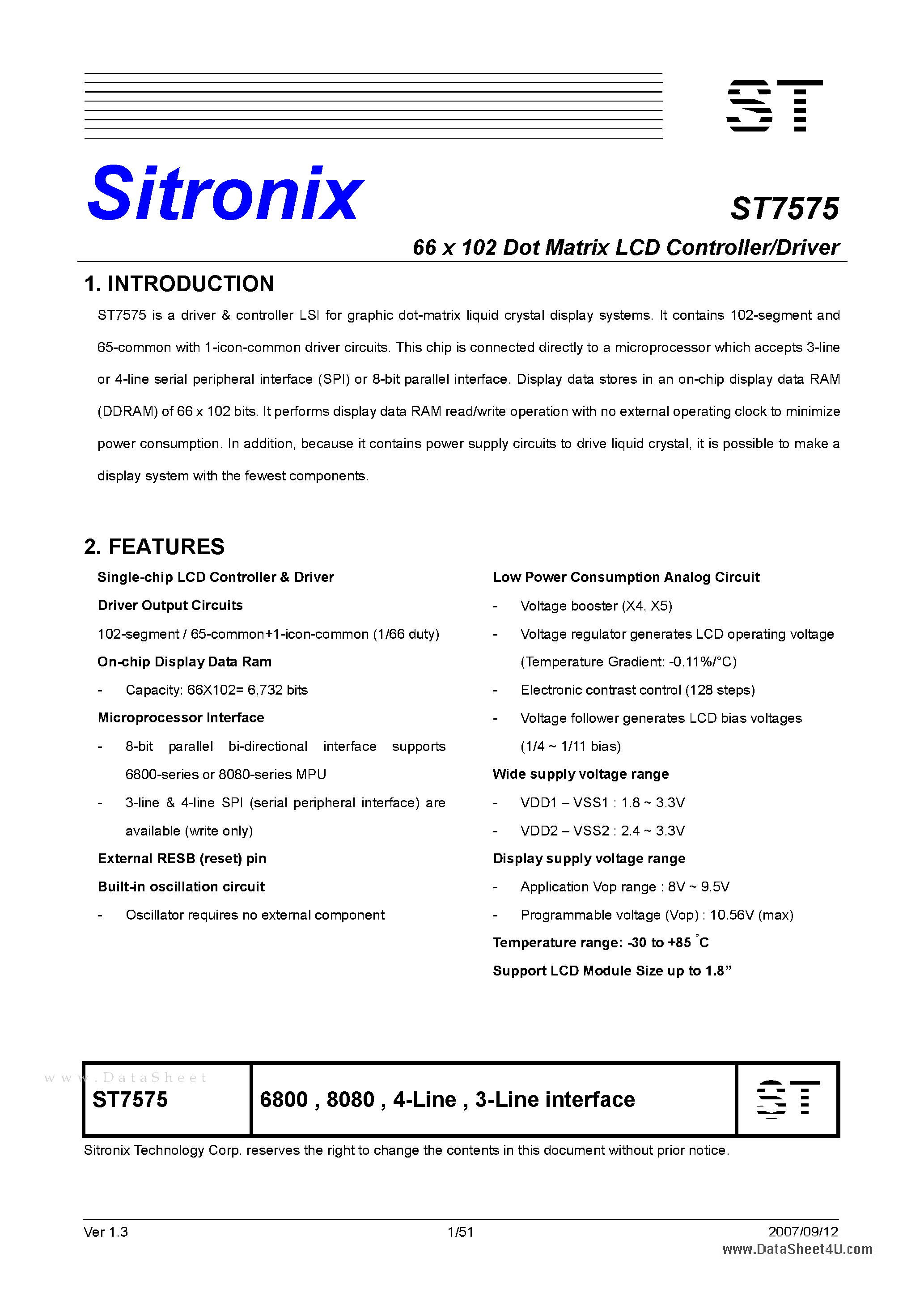 Datasheet ST7575 - 66 x 102 Dot Matrix LCD Controller/Driver page 1