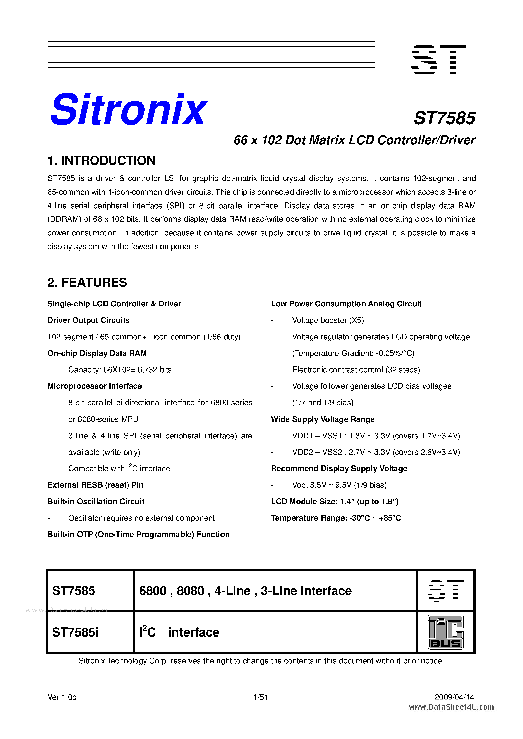 Datasheet ST7585 - 66 x 102 Dot Matrix LCD Controller/Driver page 1