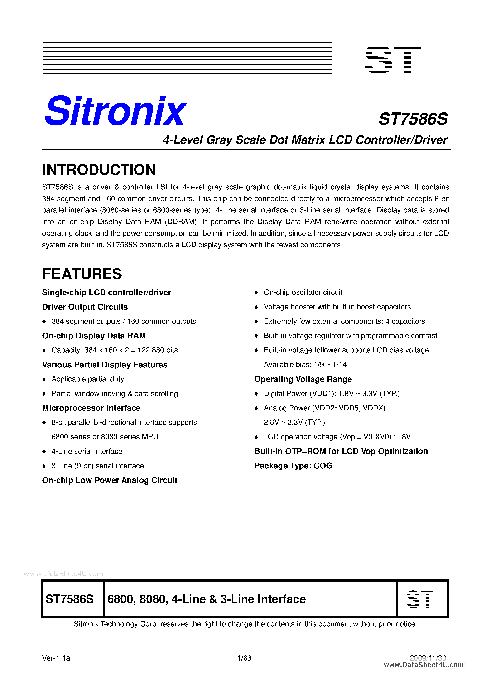 Datasheet ST7586S - 4-Level Gray Scale Dot Matrix LCD Controller/Driver page 1