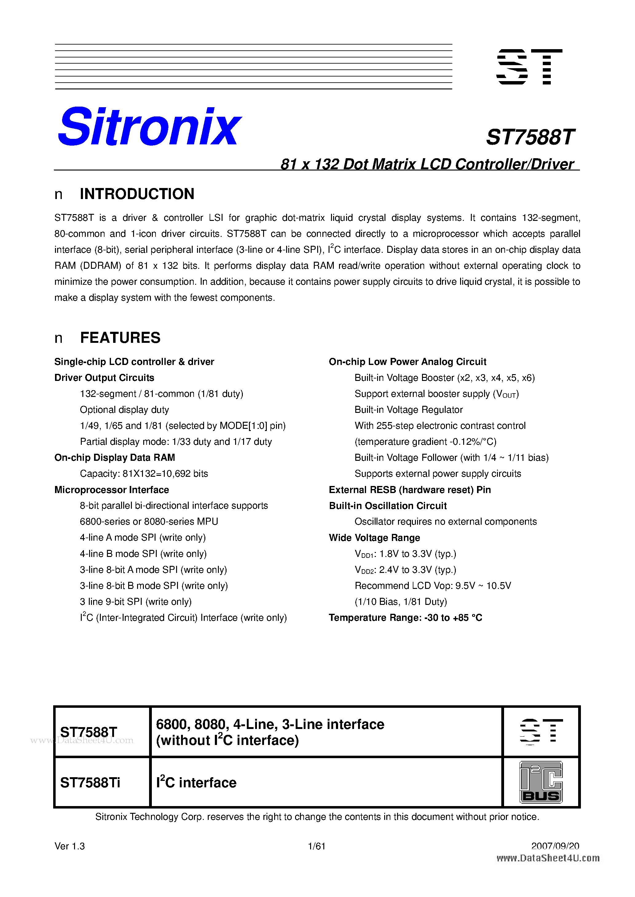 Datasheet ST7588T - 81 x 132 Dot Matrix LCD Controller/Driver page 1