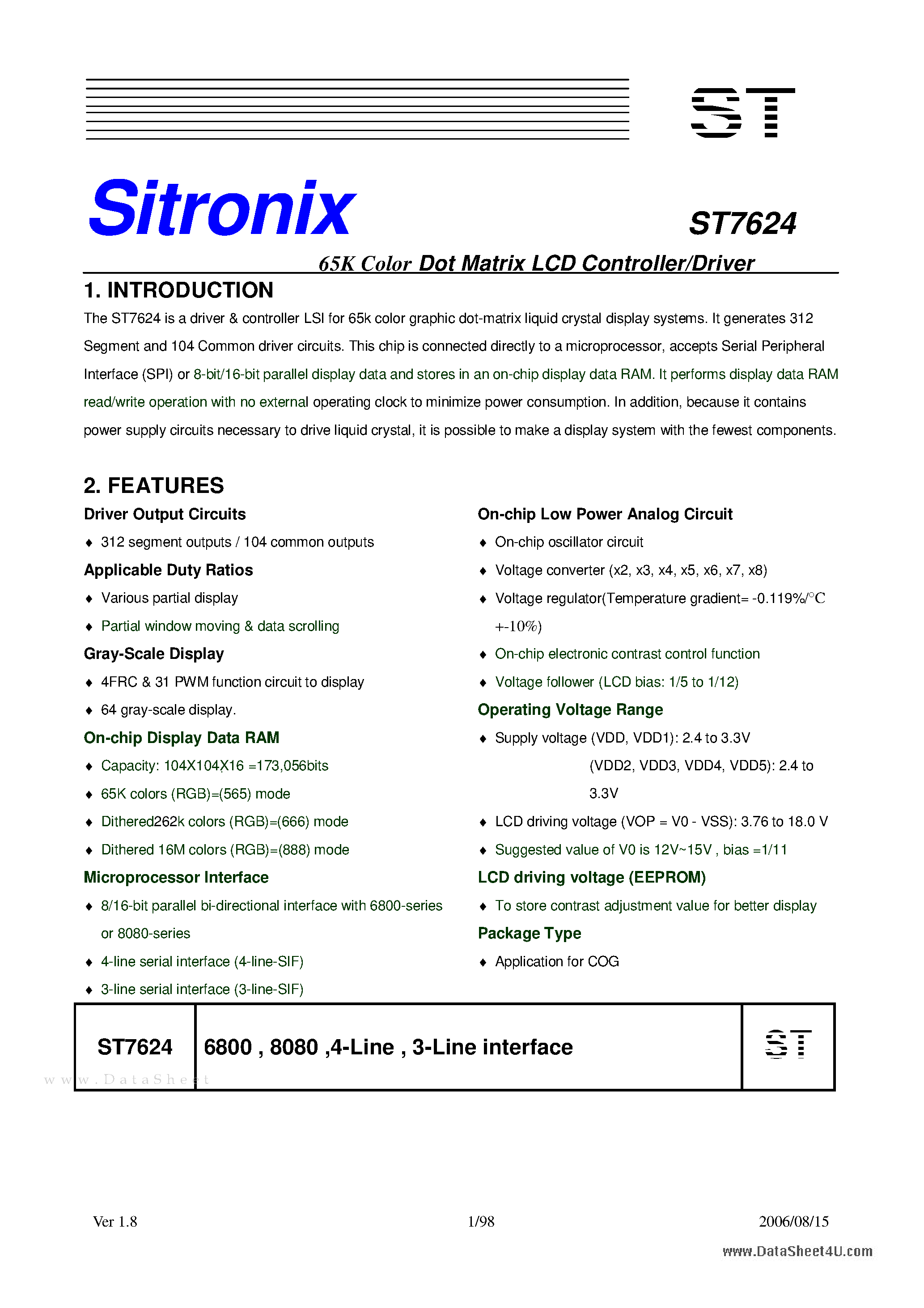 Datasheet ST7624 - 65K Color Dot Matrix LCD Controller/Driver page 1