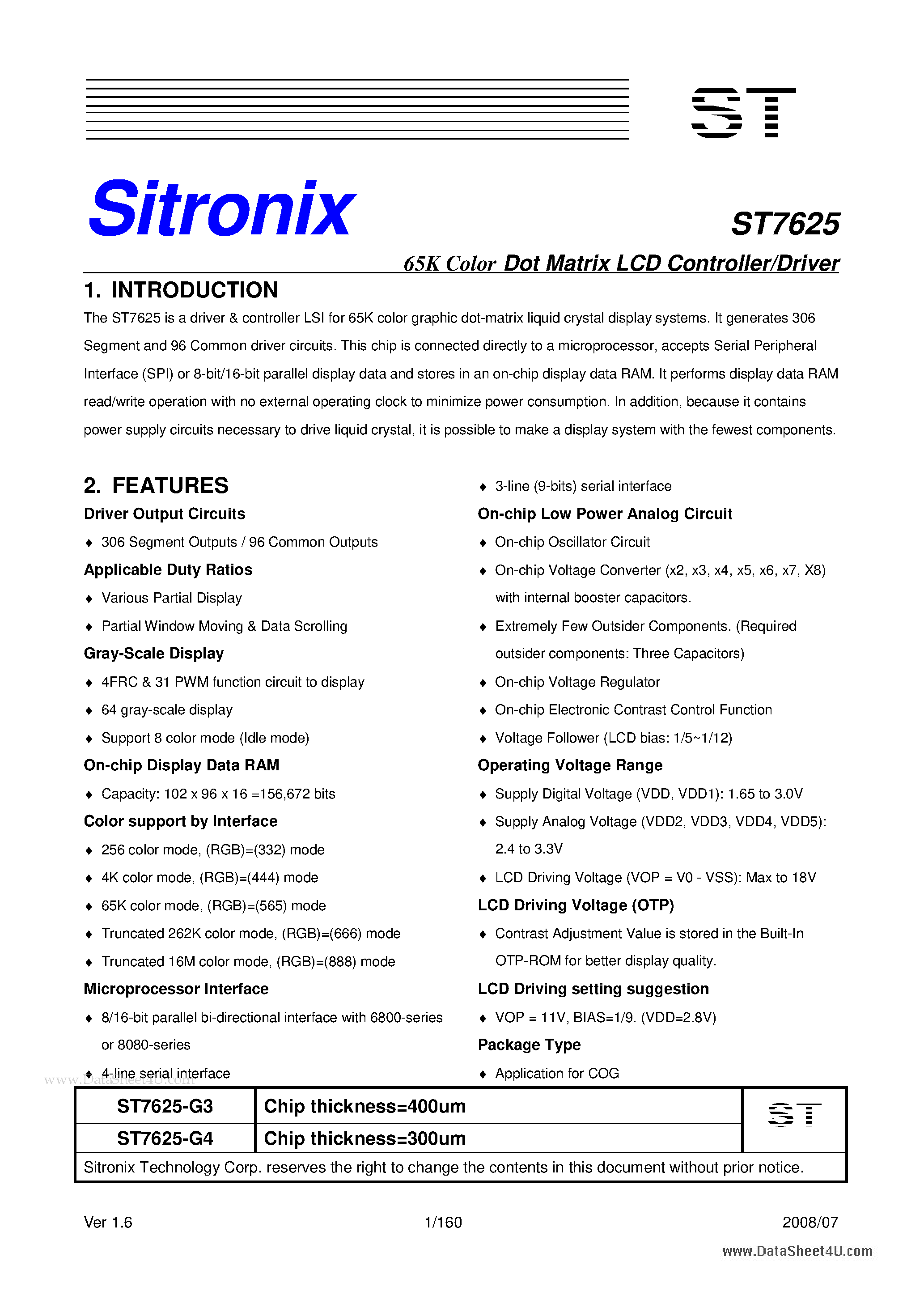 Datasheet ST7625 - 65K Color Dot Matrix LCD Controller/Driver page 1