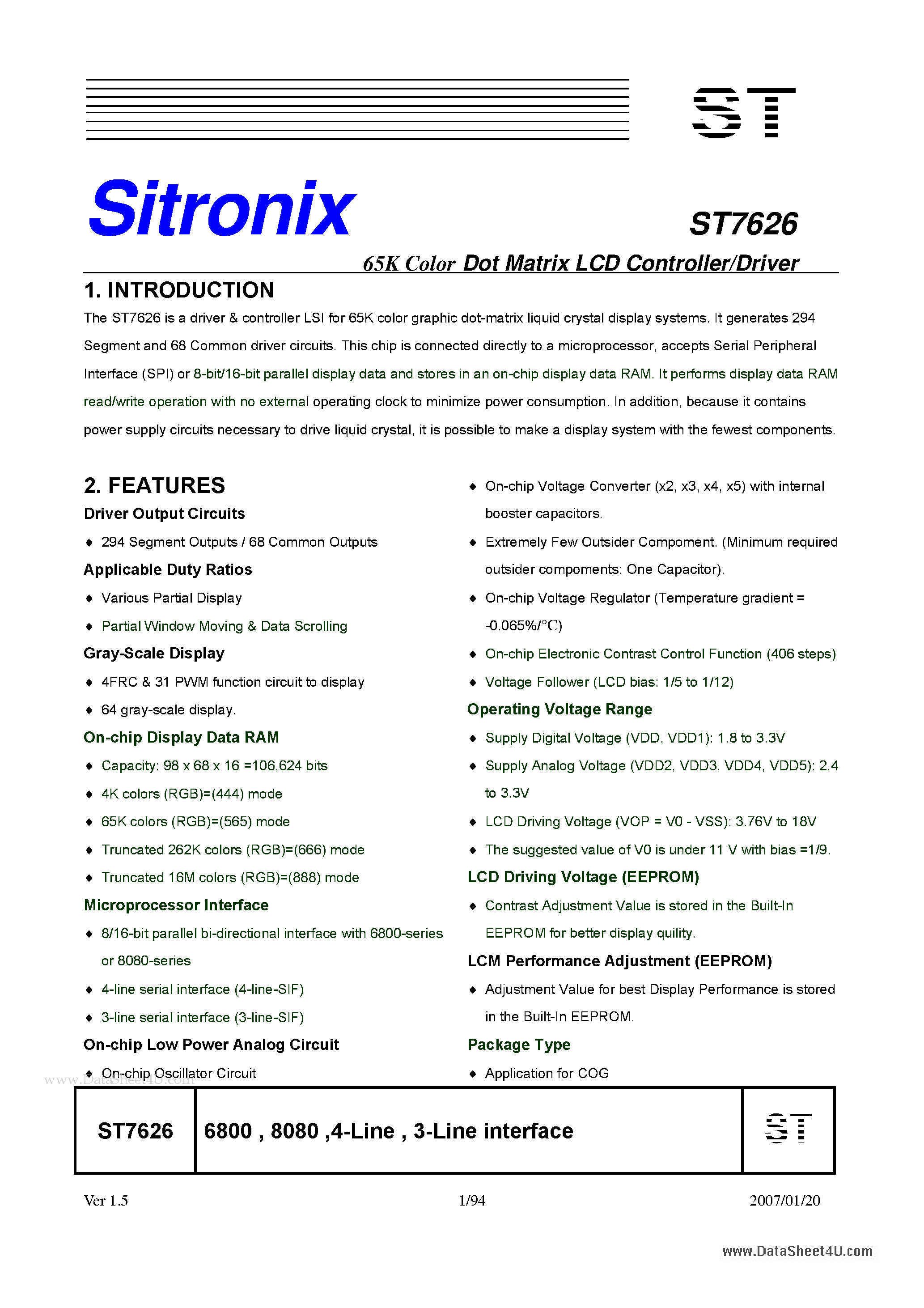 Datasheet ST7626 - 65K Color Dot Matrix LCD Controller/Driver page 1