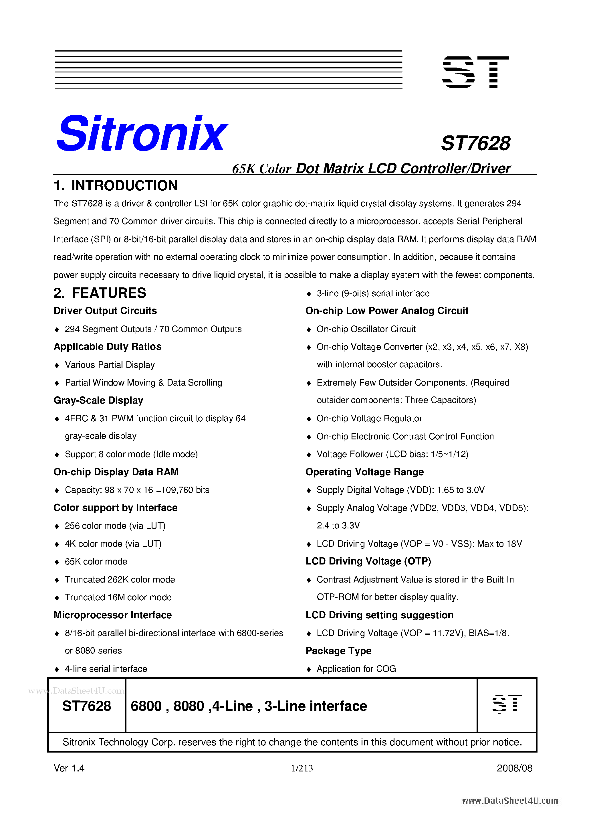 Datasheet ST7628 - 65K Color Dot Matrix LCD Controller/Driver page 1