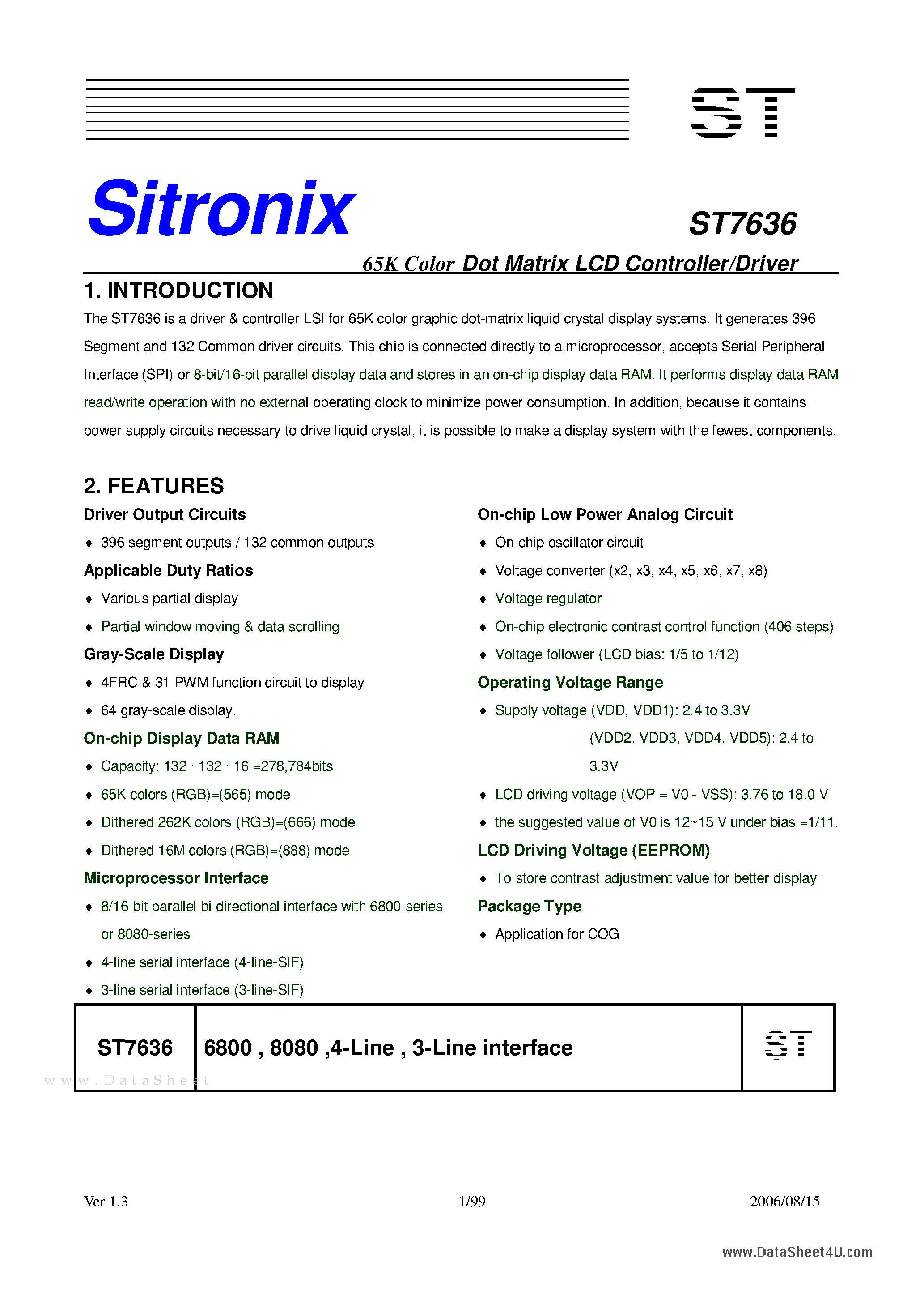 Datasheet ST7636 - 65K Color Dot Matrix LCD Controller/Driver page 1