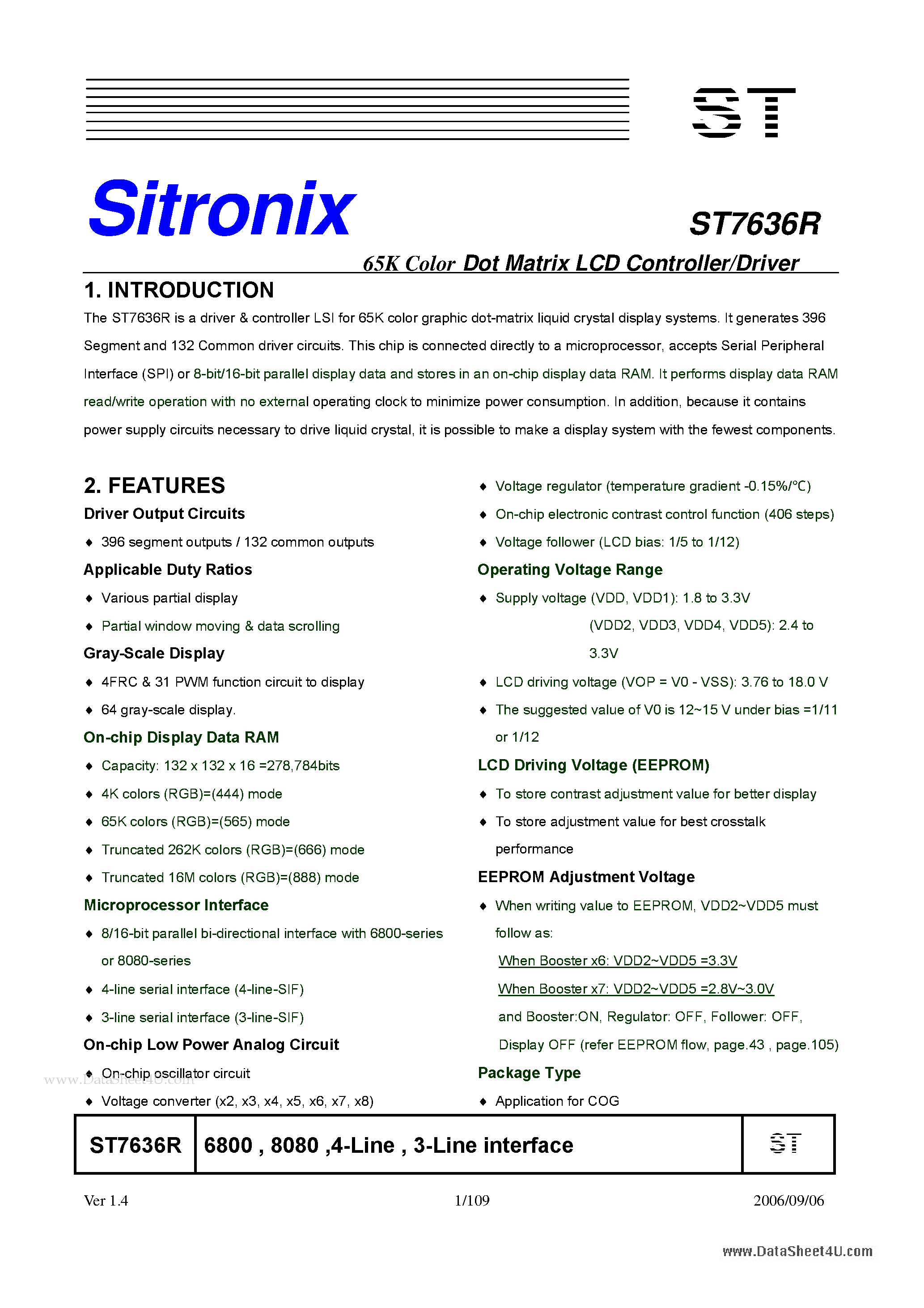 Datasheet ST7636R - 65K Color Dot Matrix LCD Controller/Driver page 1