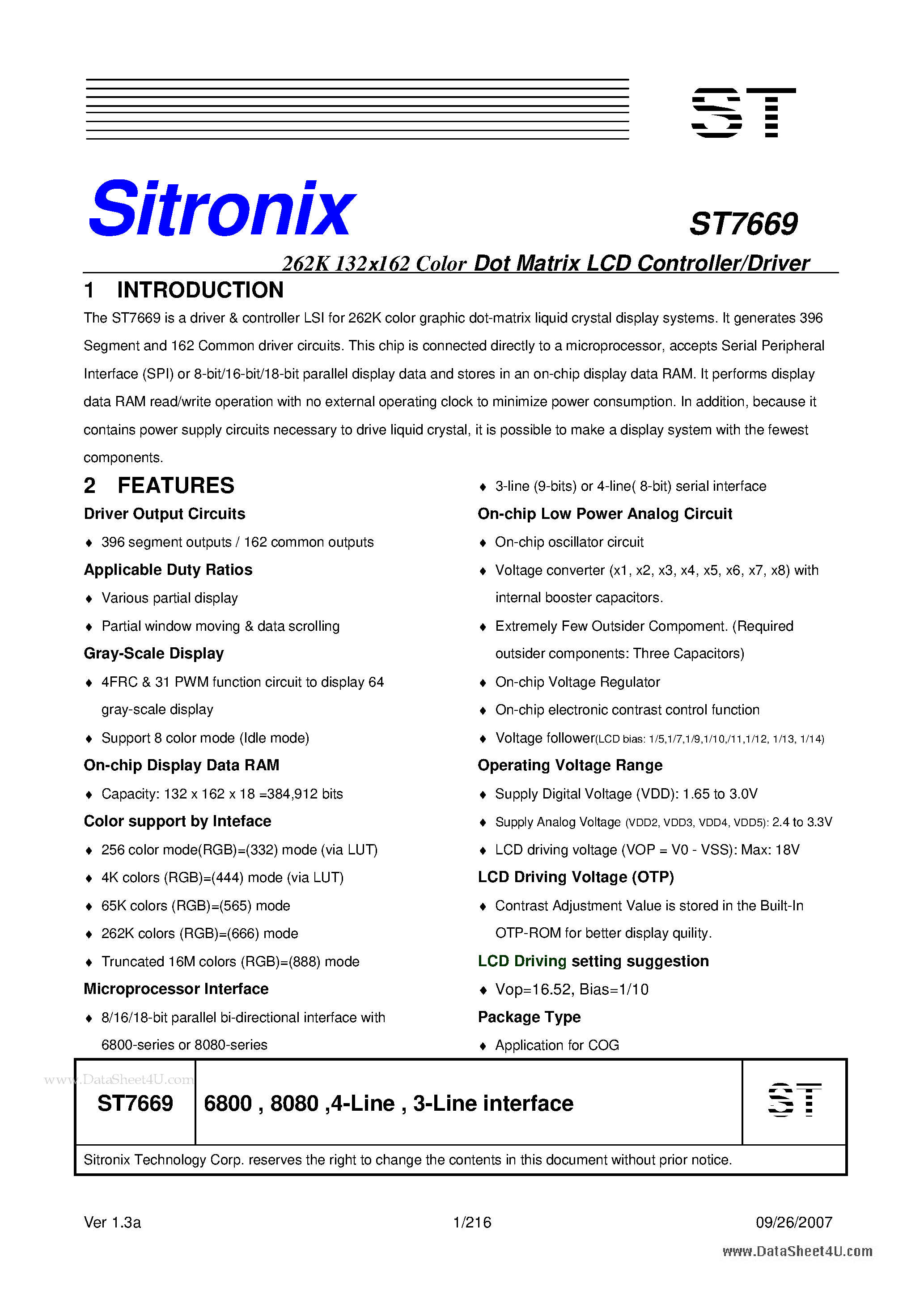 Datasheet ST7669 - 262K 132x162 Color Dot Matrix LCD Controller/Driver page 1