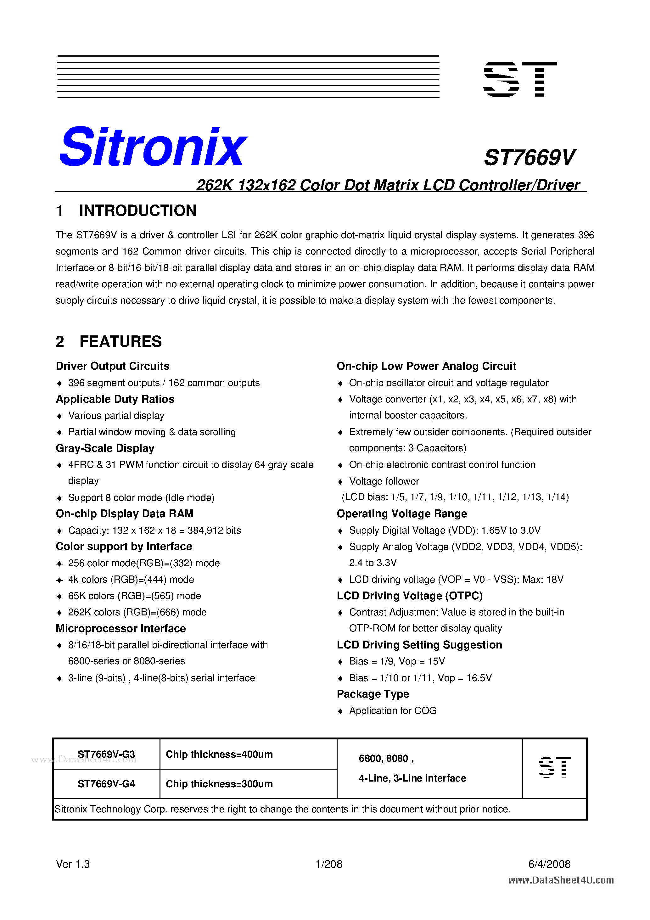 Datasheet ST7669V - 262K 132x162 Color Dot Matrix LCD Controller/Driver page 1