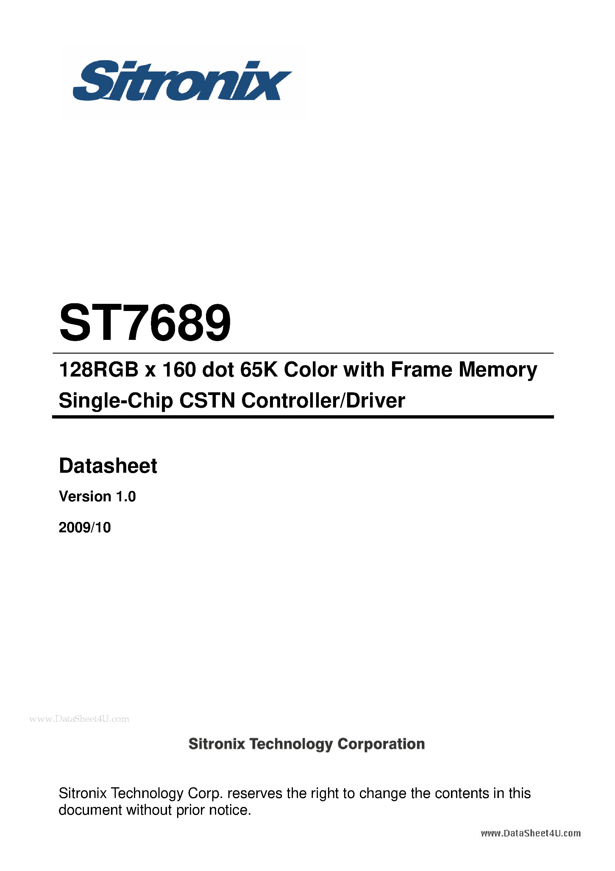 Datasheet ST7689 - 128RGB x 160 dot 65K Color page 1