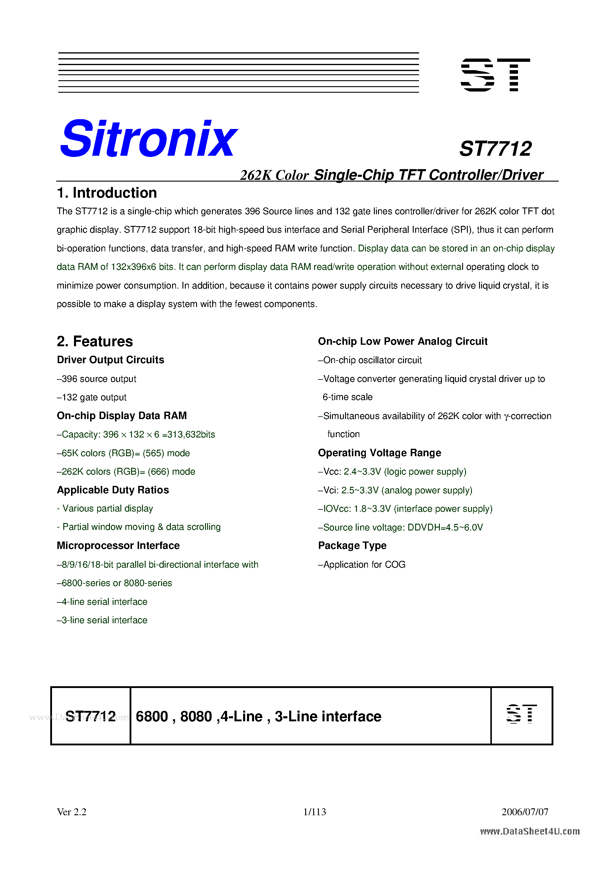 Datasheet ST7712 - 262K Color Single-Chip TFT Controller/Driver page 1