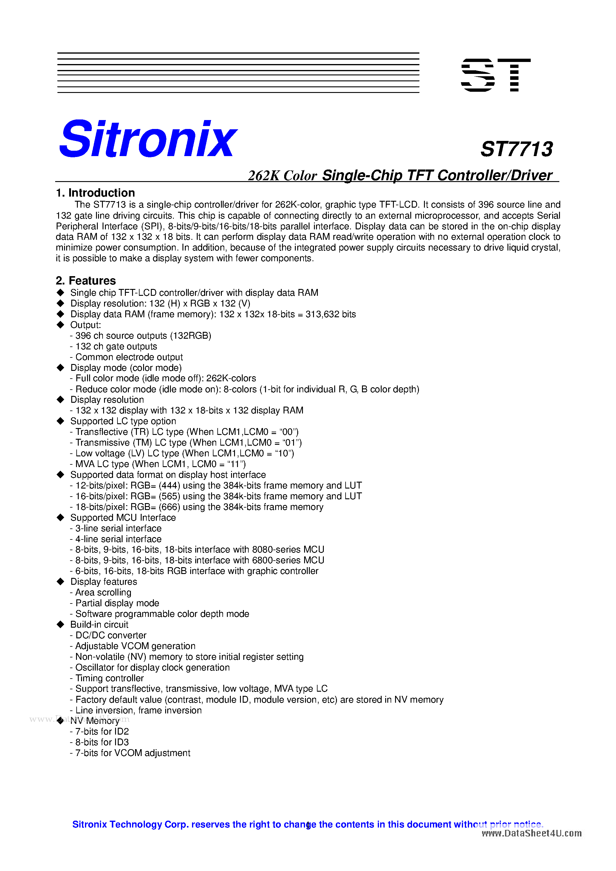 Datasheet ST7713 - 262K Color Single-Chip TFT Controller/Driver page 1