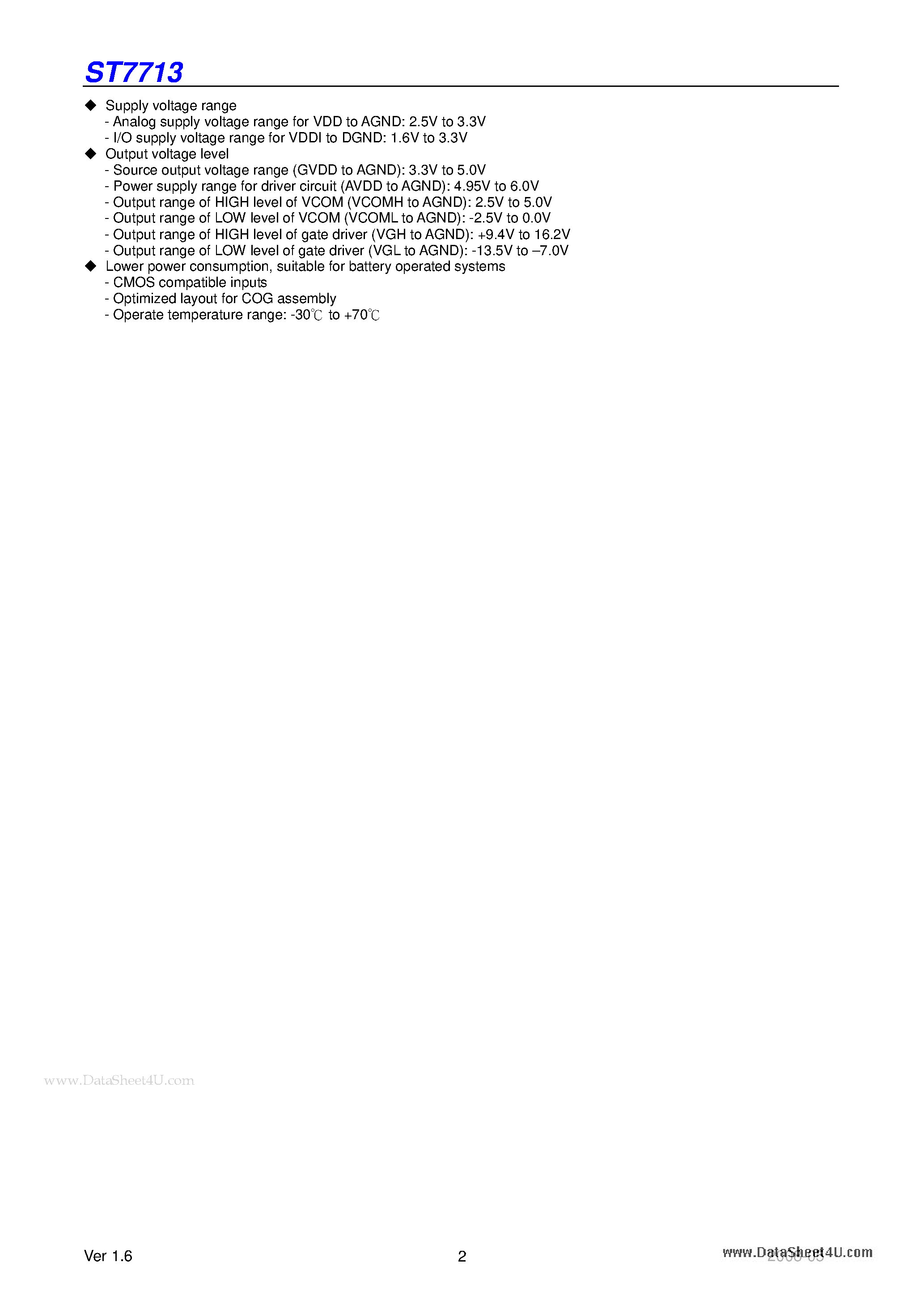 Datasheet ST7713 - 262K Color Single-Chip TFT Controller/Driver page 2