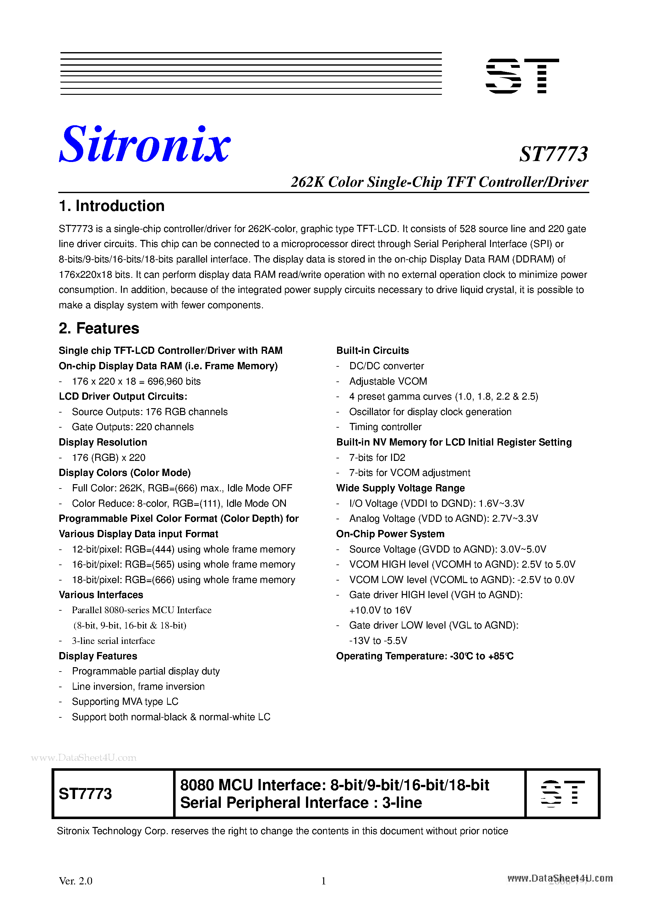 Datasheet ST7773 - 262K Color Single-Chip TFT Controller/Driver page 1