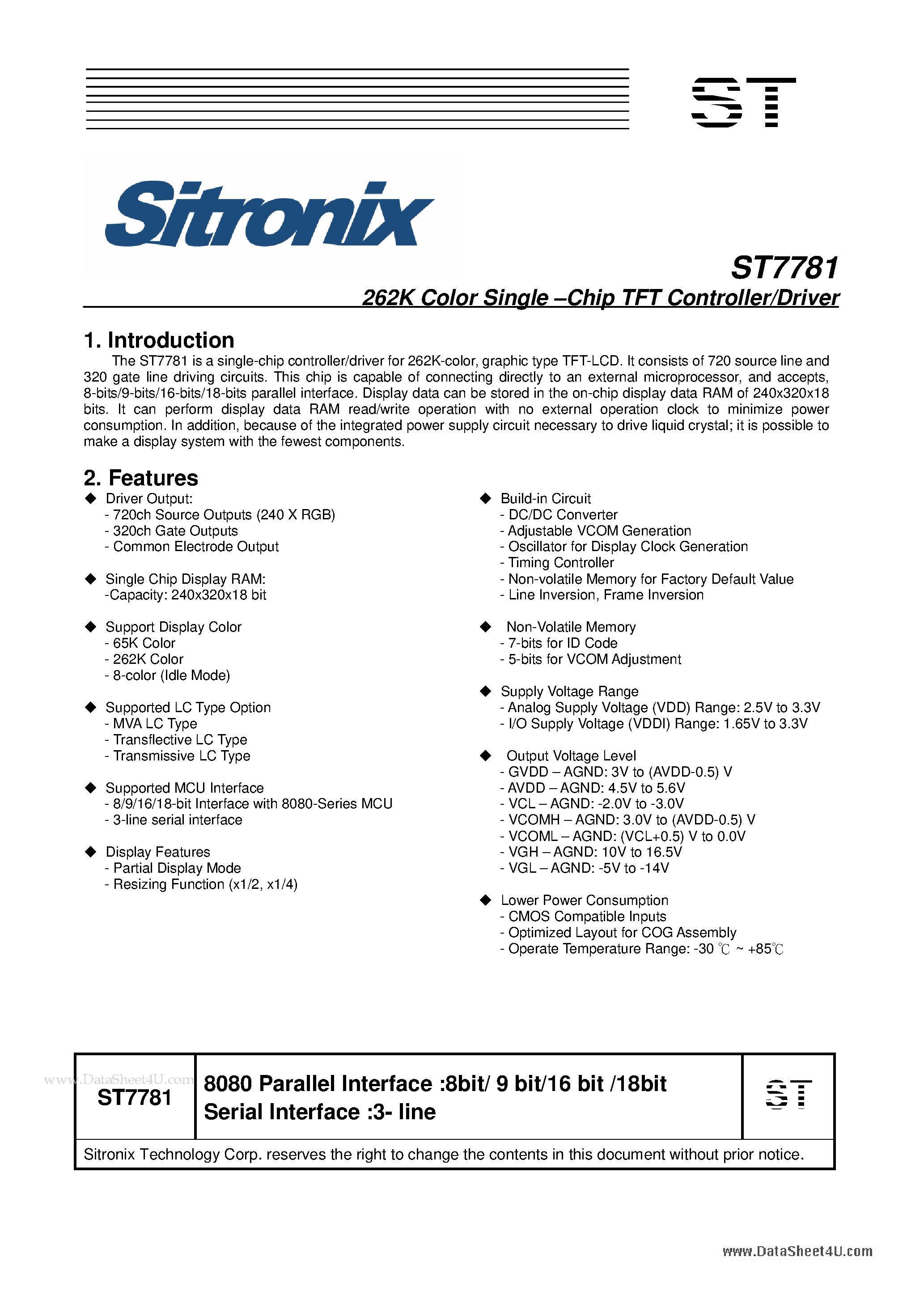 Datasheet ST7781 - 262K Color Single-Chip TFT Controller/Driver page 1