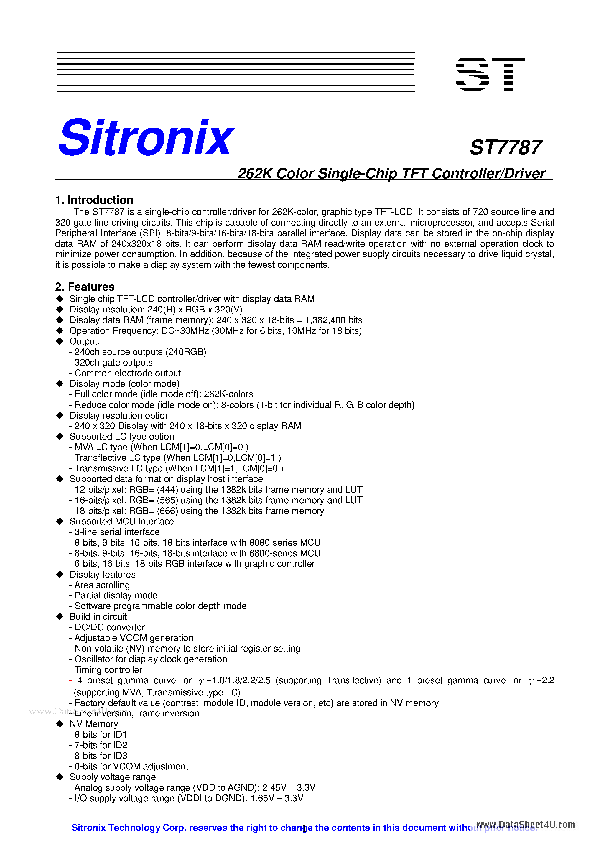 Datasheet ST7787 - 262K Color Single-Chip TFT Controller/Driver page 1