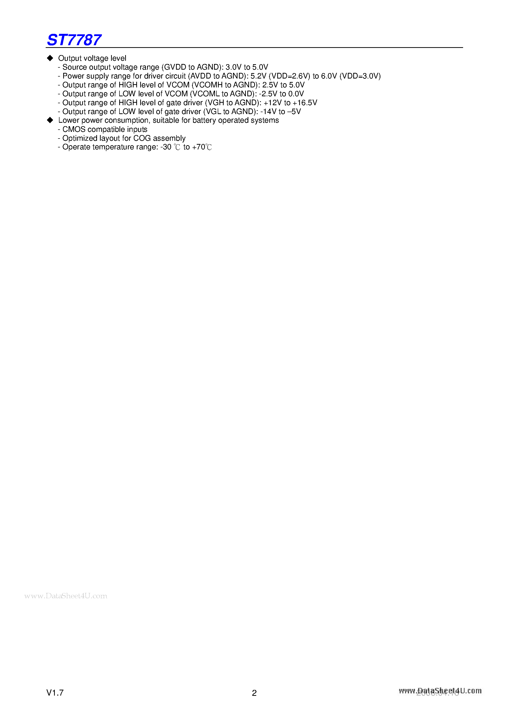 Datasheet ST7787 - 262K Color Single-Chip TFT Controller/Driver page 2