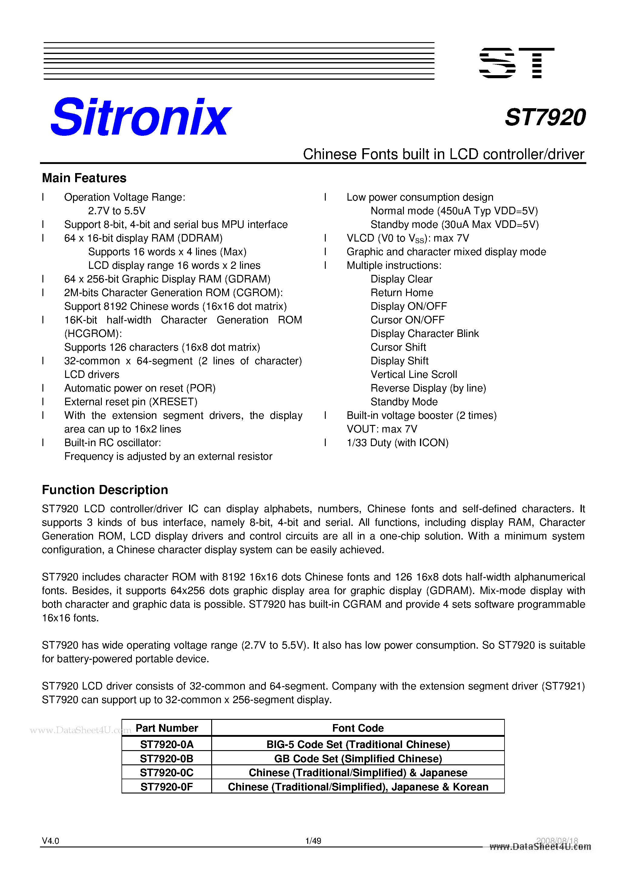 Datasheet ST7920 - Chinese Fonts built in LCD controller/driver page 1